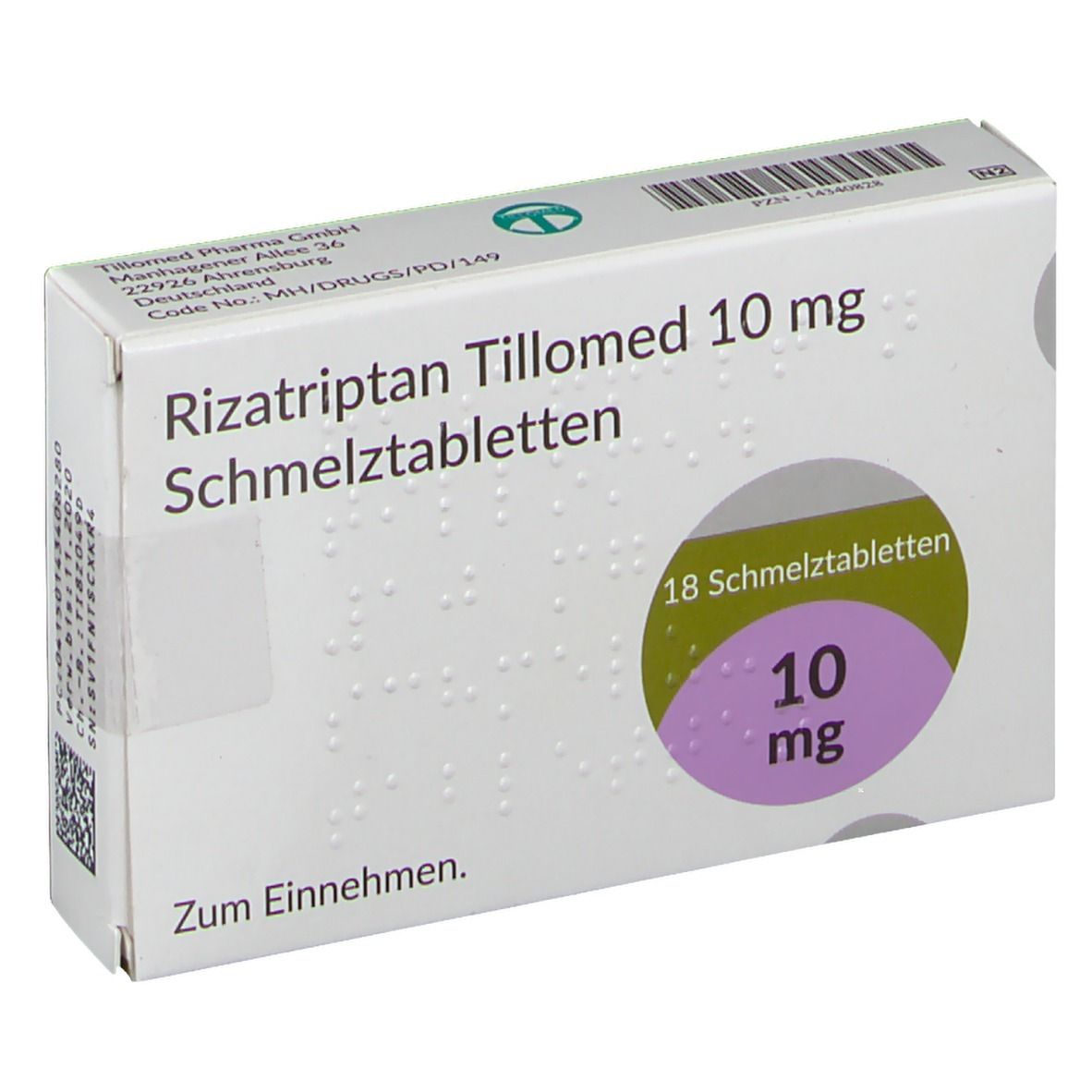 Schachtel Rizatriptan Tillomed 10 mg Schmelztabletten. 18 Tabletten. Aufdruck: 10 mg.