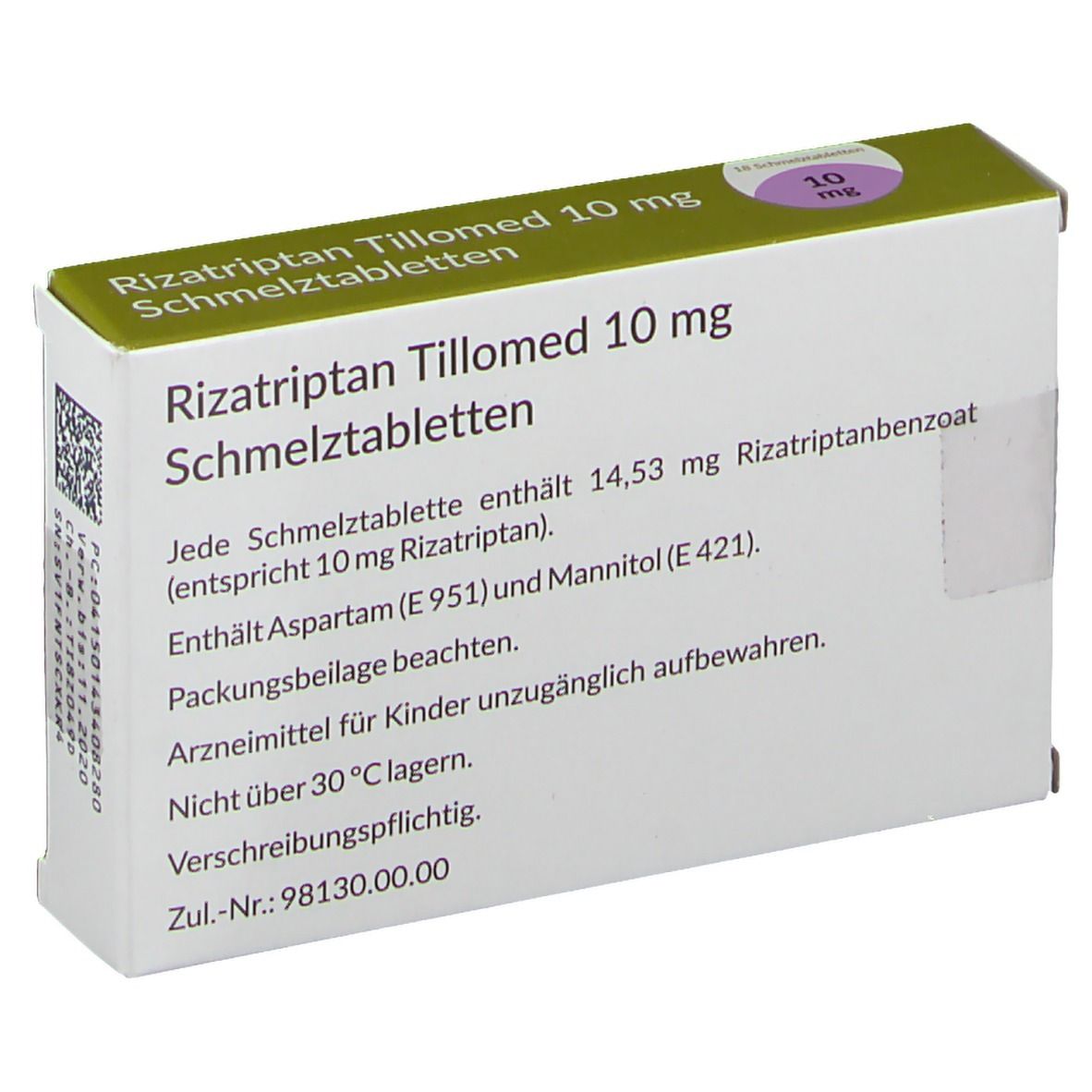 Schachtel Rizatriptan Tillomed 10 mg Schmelztabletten. Rückseite mit Text. Aufdruck: 10 mg.