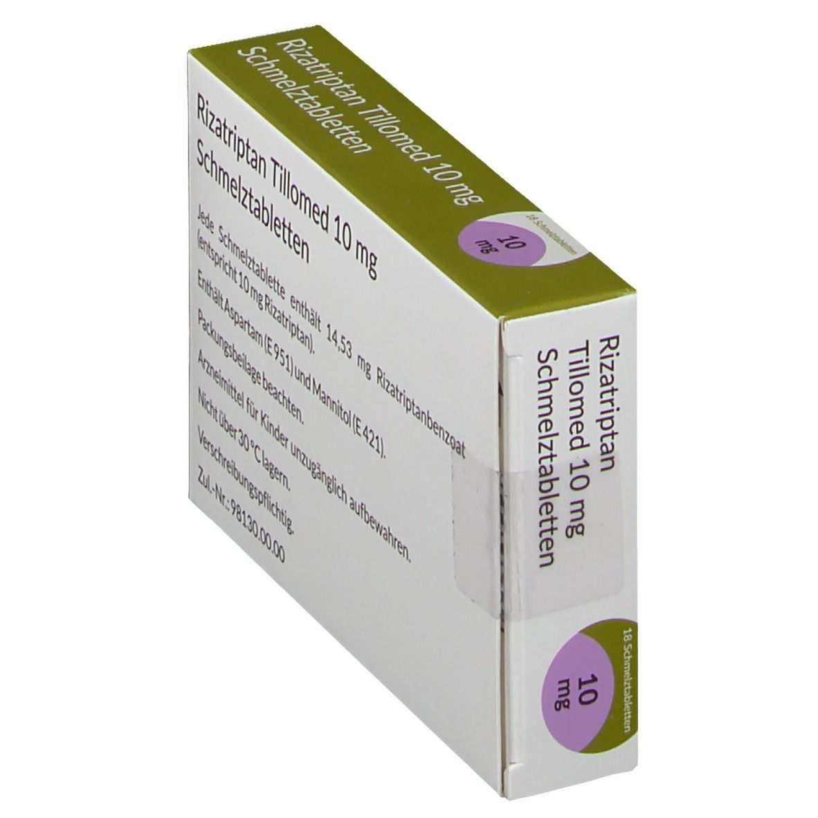 Schachtel Rizatriptan Tillomed 10 mg Schmelztabletten. Seitenansicht mit Text. Aufdruck: 10 mg.