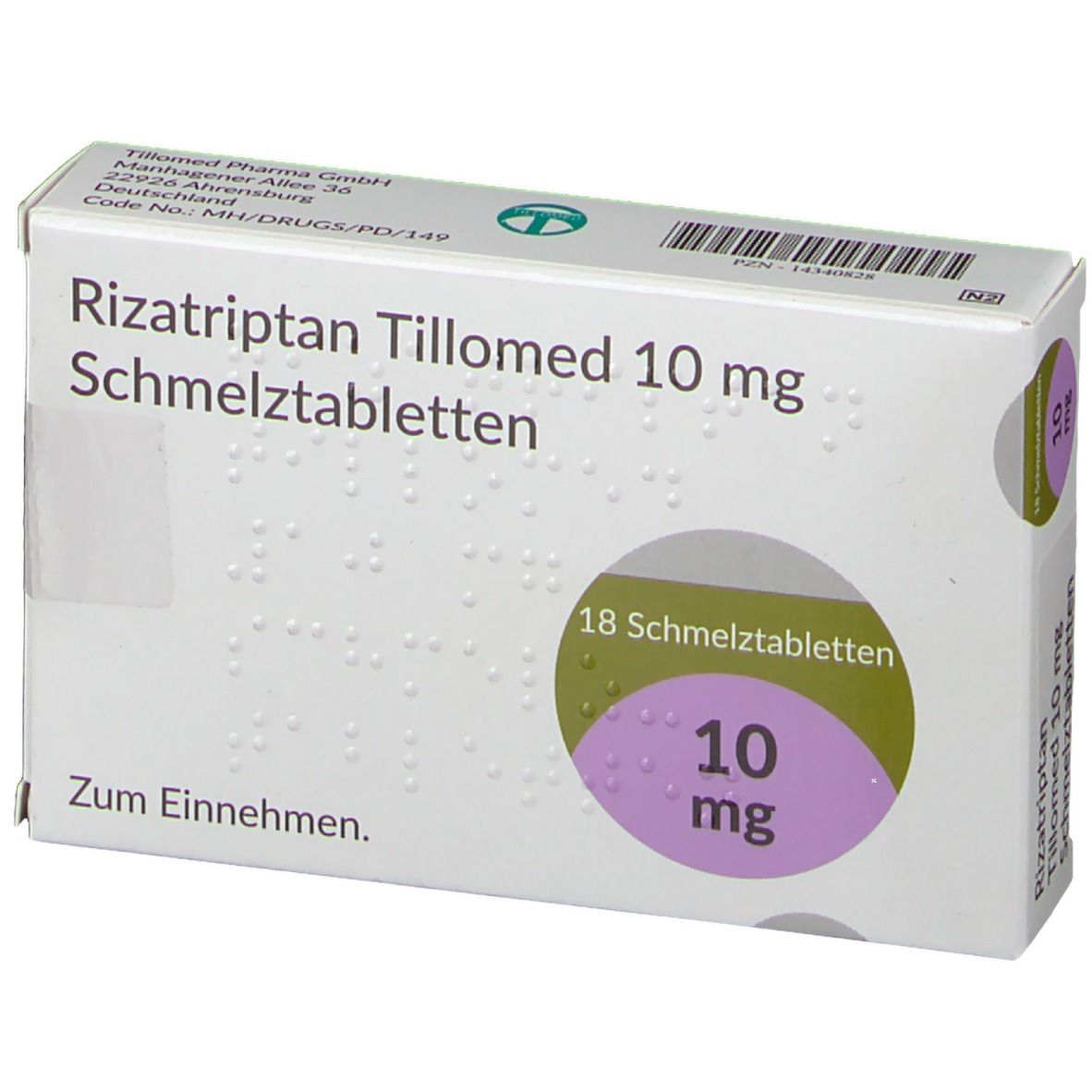 Schachtel Rizatriptan Tillomed 10 mg Schmelztabletten. Aufdruck: 10 mg, 18 Tabletten.