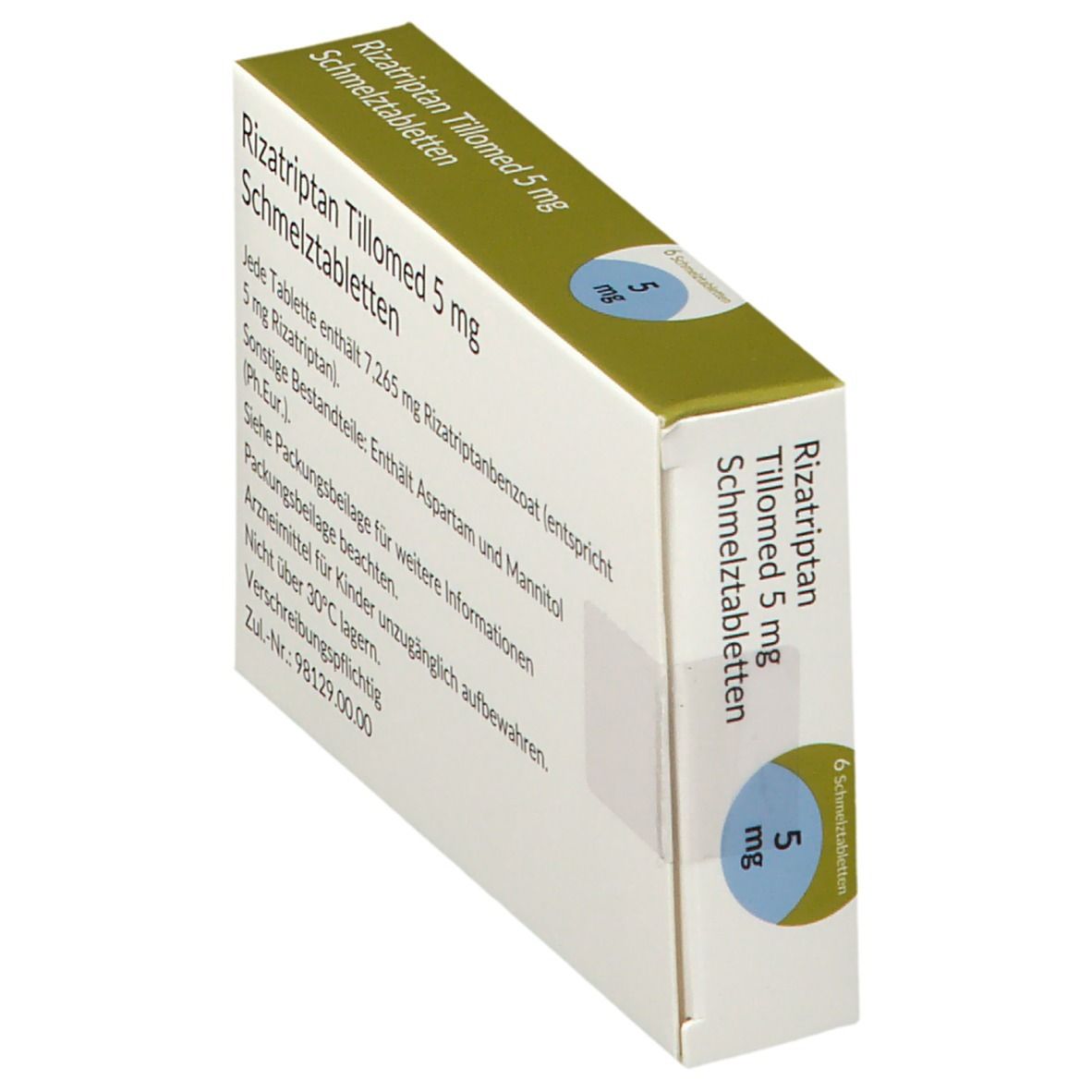 Schachtel Rizatriptan Tillomed 5 mg Schmelztabletten. Seitenansicht. Text auf der Verpackung. Grüne und blaue Akzente.