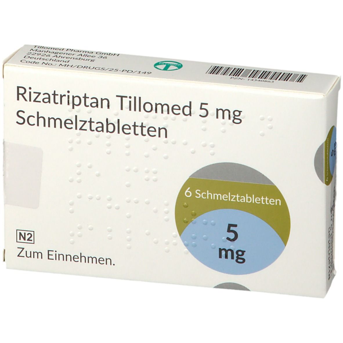 Schachtel Rizatriptan Tillomed 5 mg Schmelztabletten. 6 Tabletten. Blaue und grüne Kreise mit Dosierungsangabe.