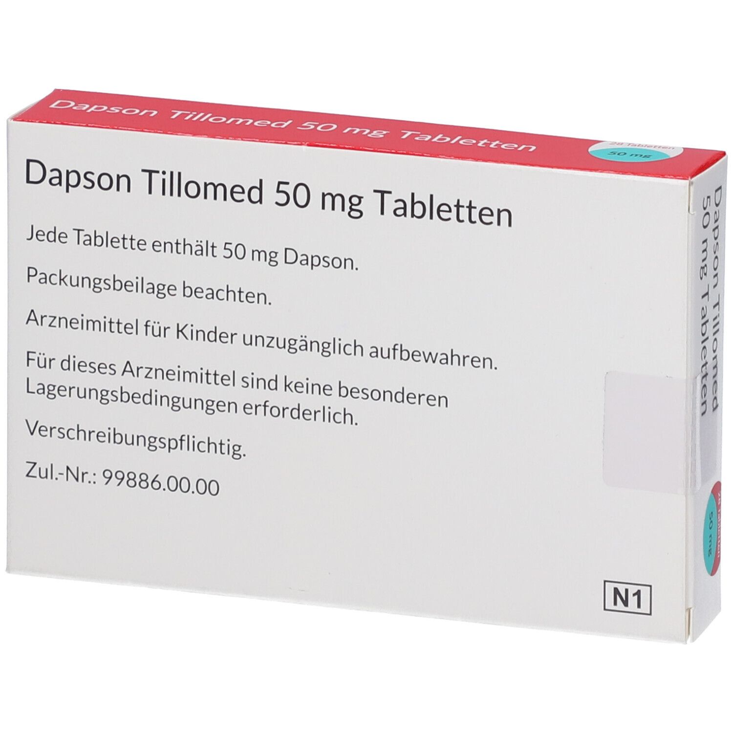 Weiße Tablettenbox mit rotem Deckel. Aufschrift: Dapsone Tillomed 50 mg Tabletten. Text auf der Vorderseite.