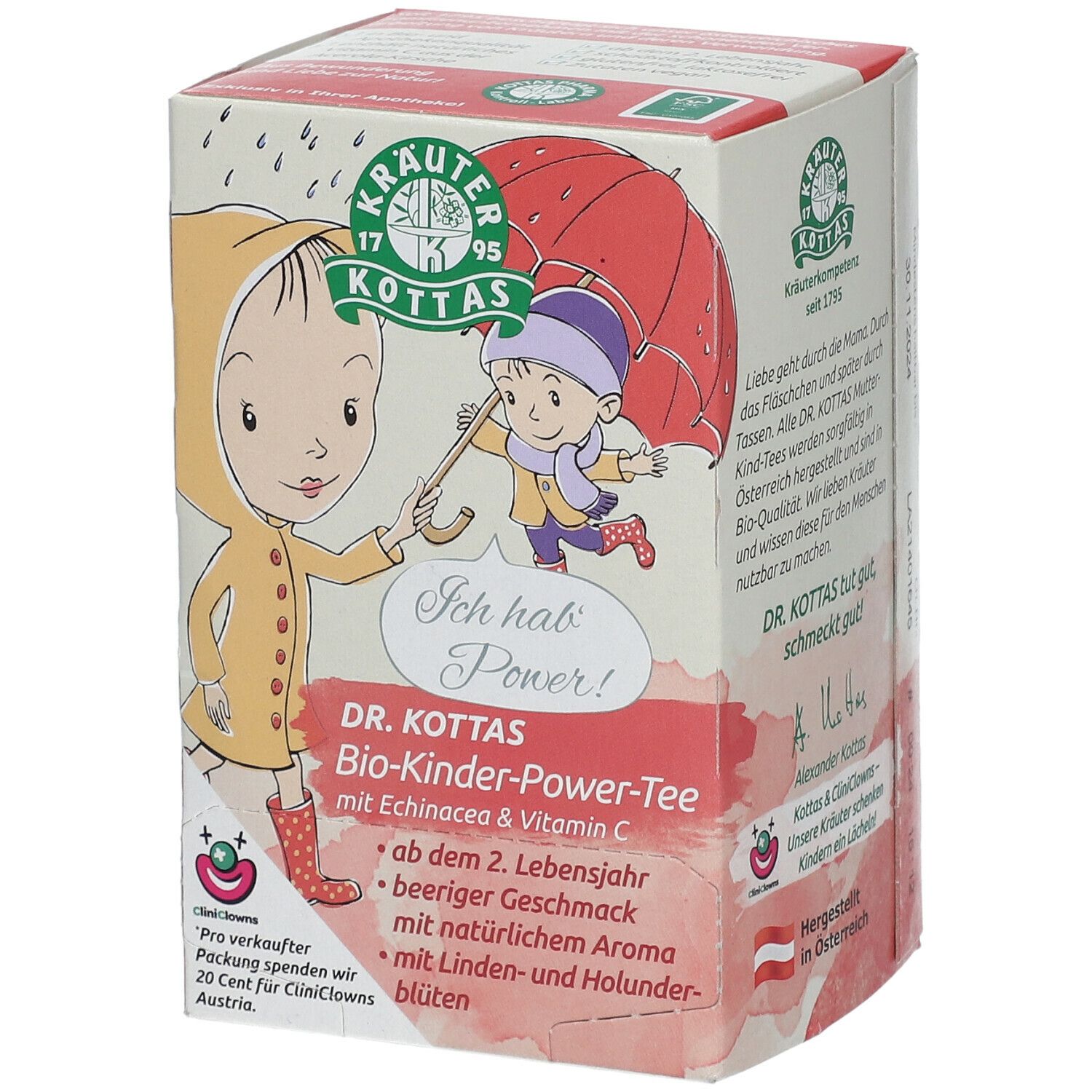Karton mit Kindertee. Aufdruck: Illustration von Kindern im Regen, Logo, Produktname, Text. Mit Echinacea & Vitamin C.