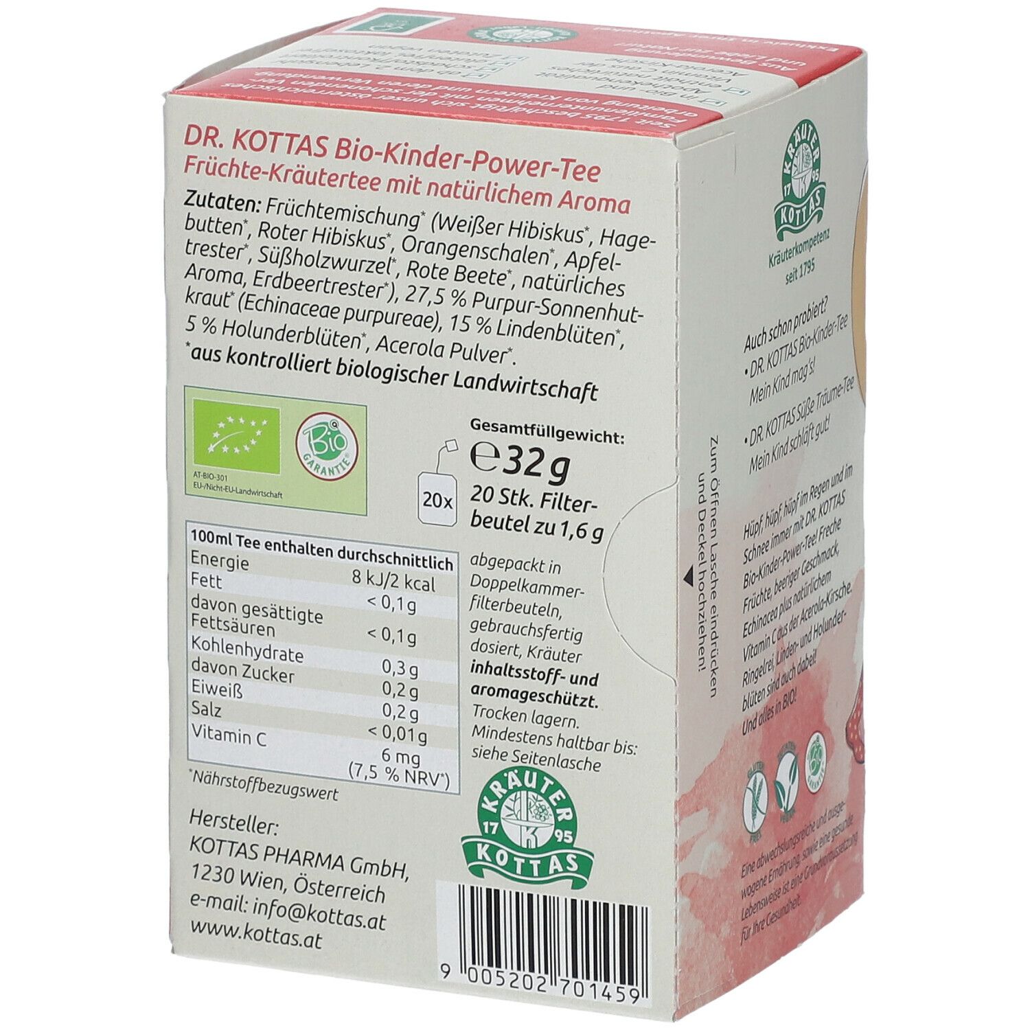 Karton mit Kindertee. Aufdruck: Zutaten, Nährwertangaben, Logo, Text. 20 Teebeutel, 32g. Bio-Zertifizierung. Hergestellt in Österreich.