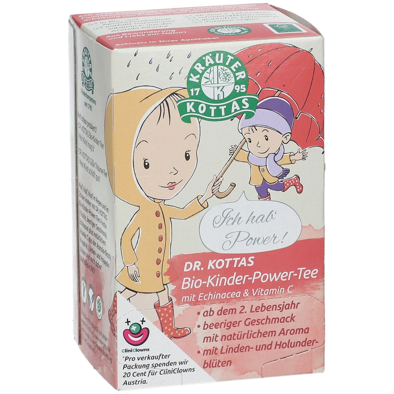 Karton mit Kindertee. Aufdruck: Illustration von Kindern im Regen, Logo, Produktname, Text. Mit Echinacea & Vitamin C.