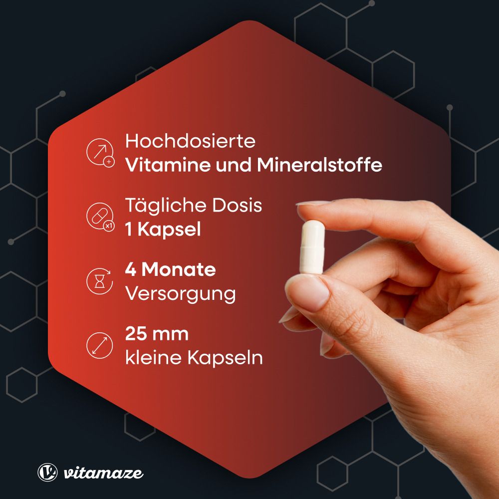 Hand hält Kapsel. Roter Hintergrund mit Text: Hochdosierte Vitamine, 1 Kapsel täglich, 4 Monate Versorgung, 25 mm Kapseln.