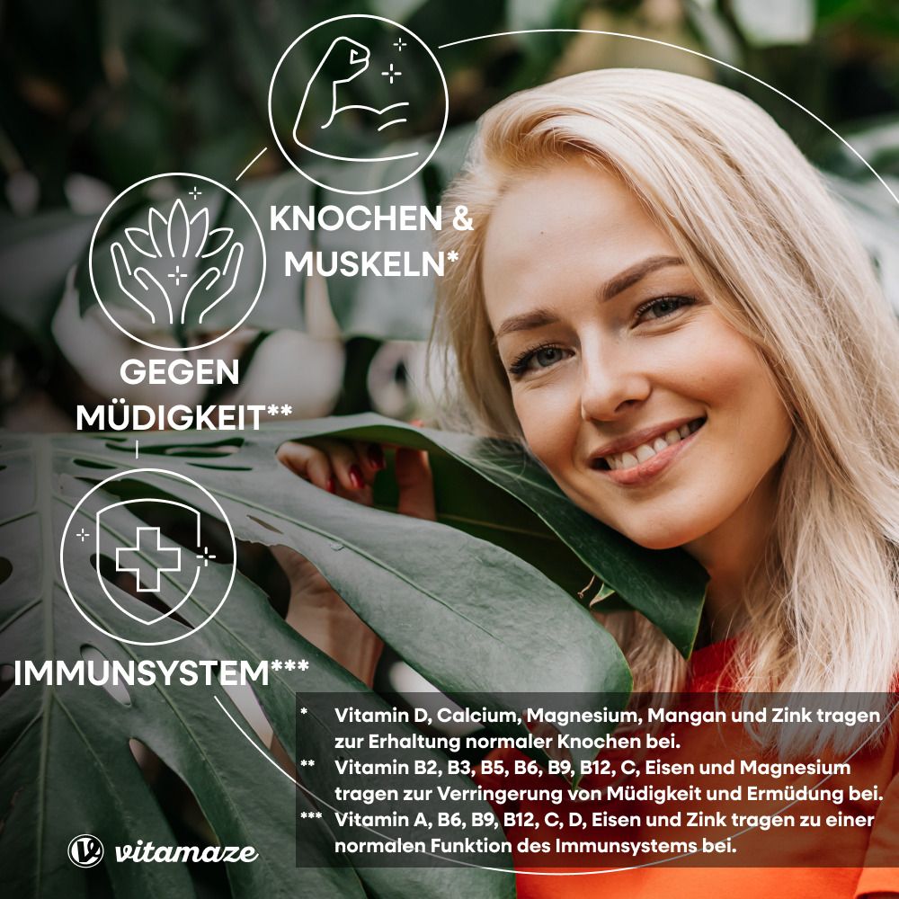 Frau mit Blättern. Grafiken zeigen Knochen & Muskeln, Immunsystem und gegen Müdigkeit. Text über Vitamine.