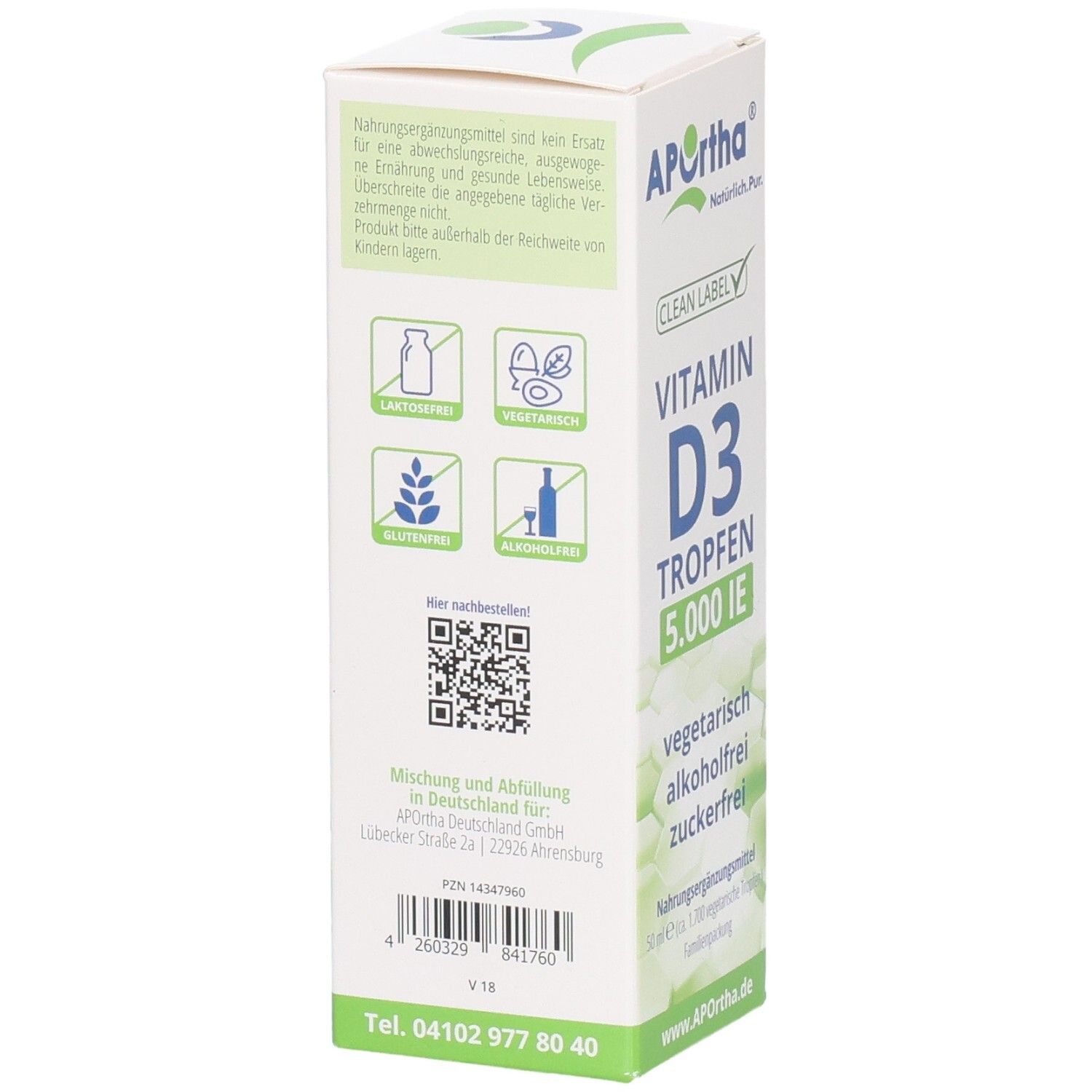 APOrtha Vitamin D3 Tropfen 5.000 IE Karton Rückseite. Mit Icons für laktosefrei, glutenfrei, vegetarisch, alkoholfrei.