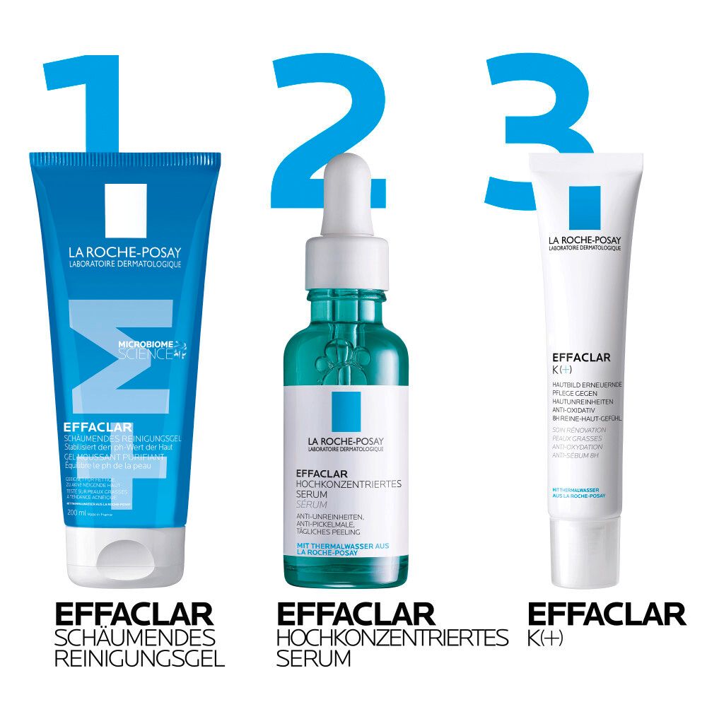 Trois produits: Gel nettoyant, Sérum et EFFACLAR K(+). Logo La Roche-Posay.