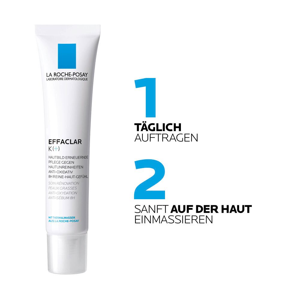 Tube blanc EFFACLAR K(+). Texte: Appliquer quotidiennement, masser doucement.
