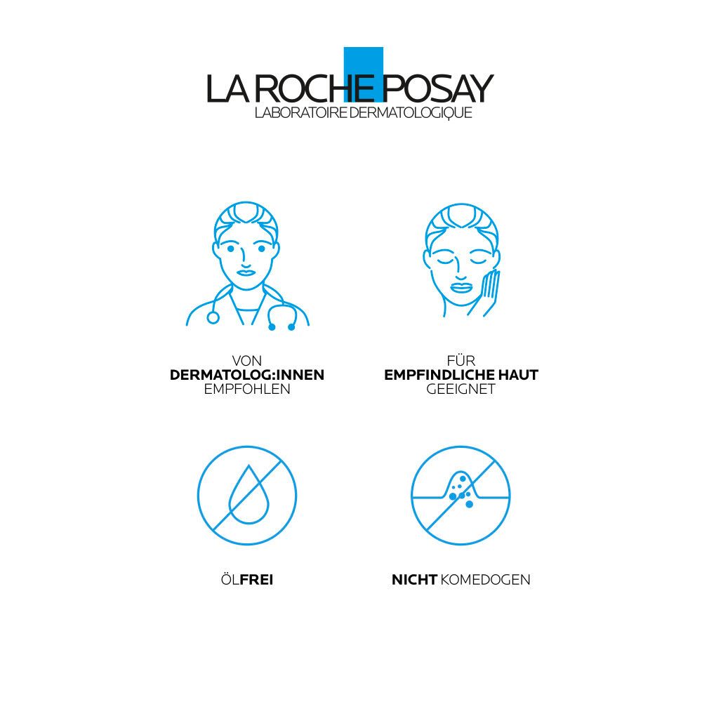 Symboles: Recommandé par les dermatologues, peau sensible, sans huile, non comédogène.