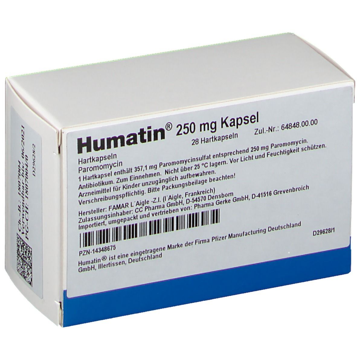 Weiße Schachtel mit blauer Unterseite. Aufschrift: Humatin 250 mg Kapsel. Enthält 28 Hartkapseln. Barcode und weitere Informationen.