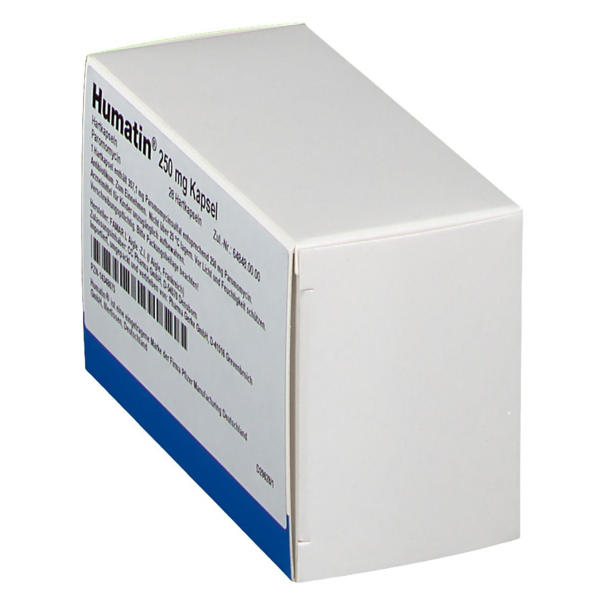 Schachtel Humatin 250 mg Kapsel, weiß mit blauer Unterseite. Aufschrift und Barcode sichtbar. Perspektivische Ansicht.