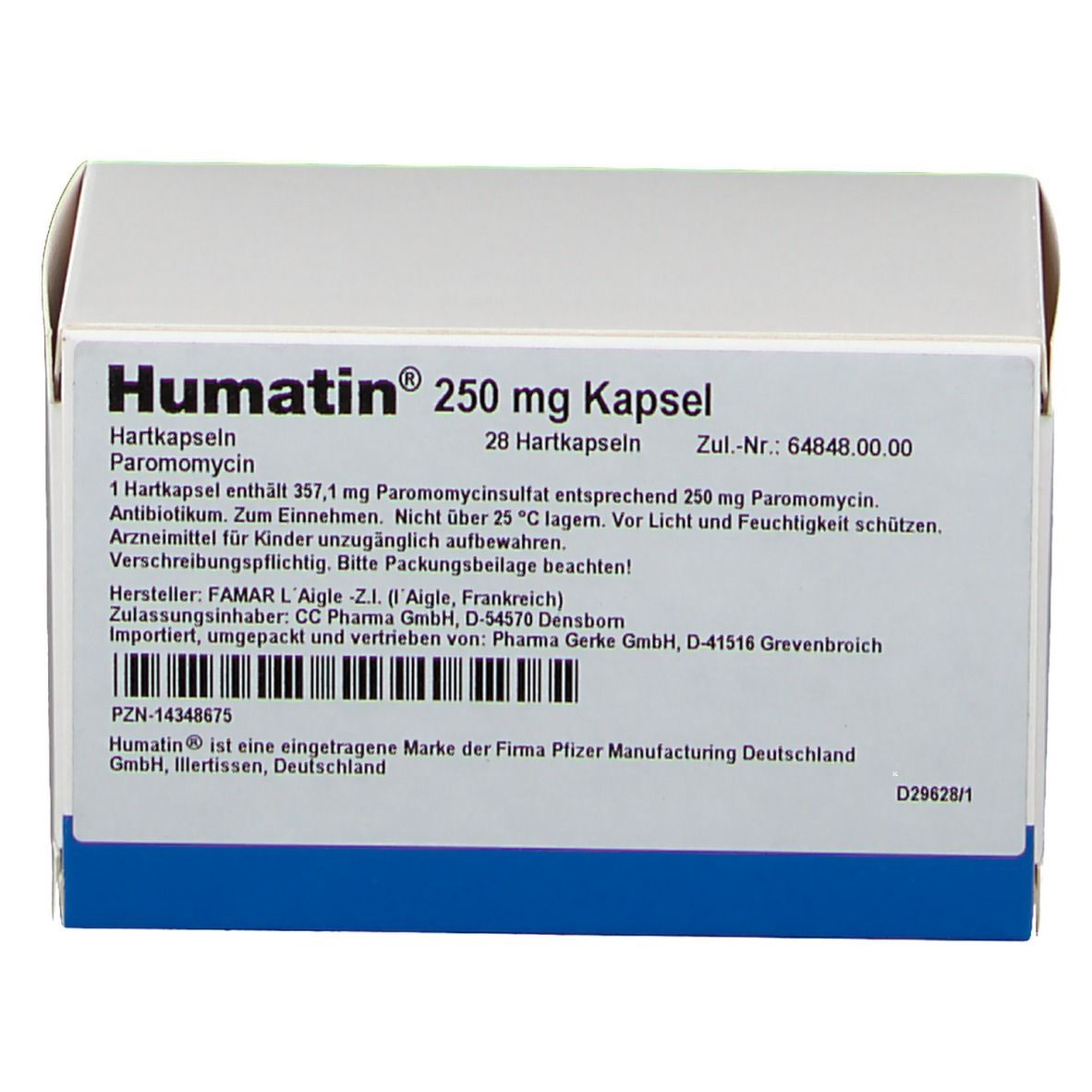 Weiße Schachtel mit blauer Unterseite. Aufschrift: Humatin 250 mg Kapsel. Enthält 28 Hartkapseln. Barcode und weitere Informationen.