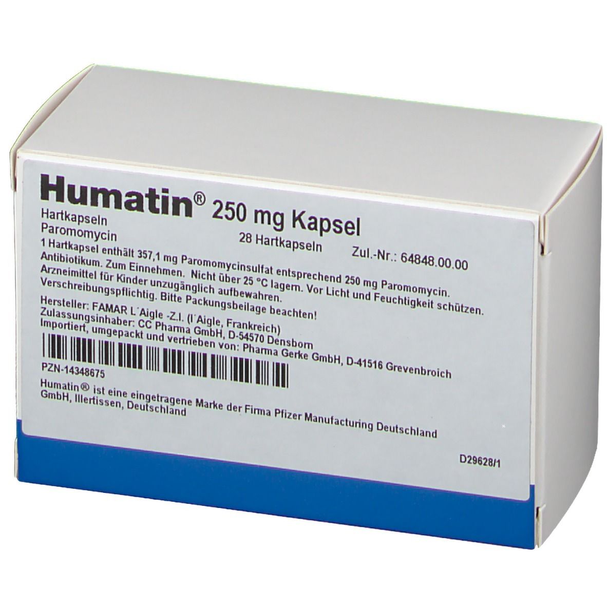 Weiße Schachtel mit blauer Unterseite. Aufschrift: Humatin 250 mg Kapsel. Enthält 28 Hartkapseln. Barcode und weitere Informationen.