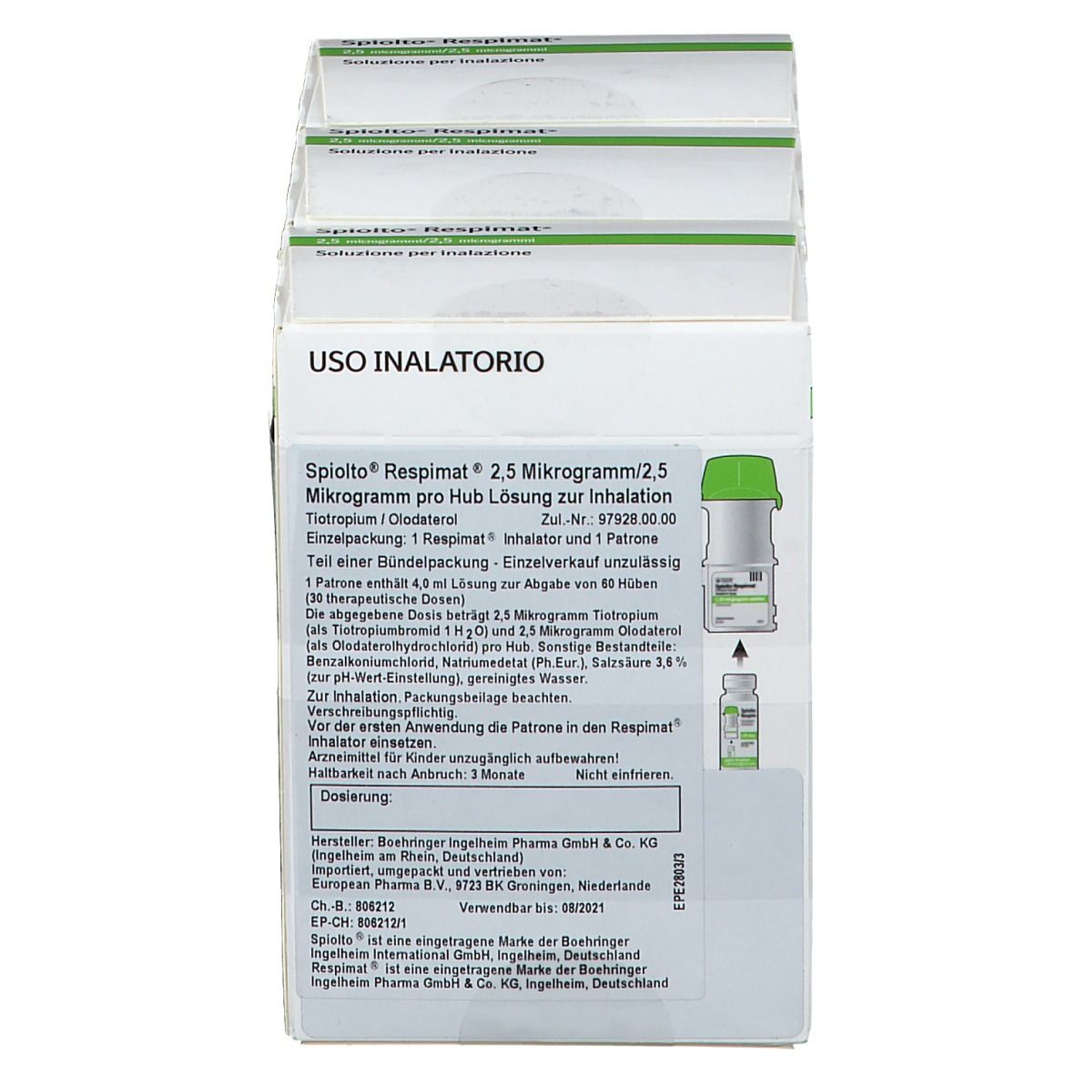 Mehrere Packungen SPIOLTO Respimat 2,5 µg/2,5 µg. Einzelpackung mit Inhalator und Patrone. Text in Deutsch und Italienisch.