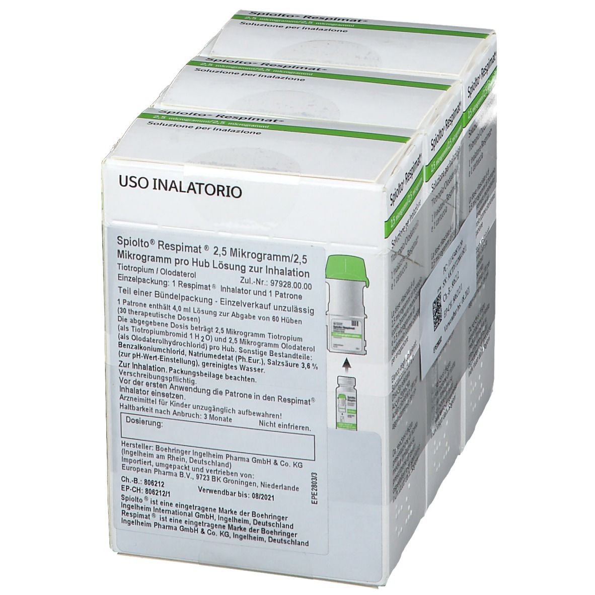 Mehrere Packungen SPIOLTO Respimat 2,5 µg/2,5 µg. Einzelpackung mit Inhalator und Patrone. Text in Deutsch und Italienisch.