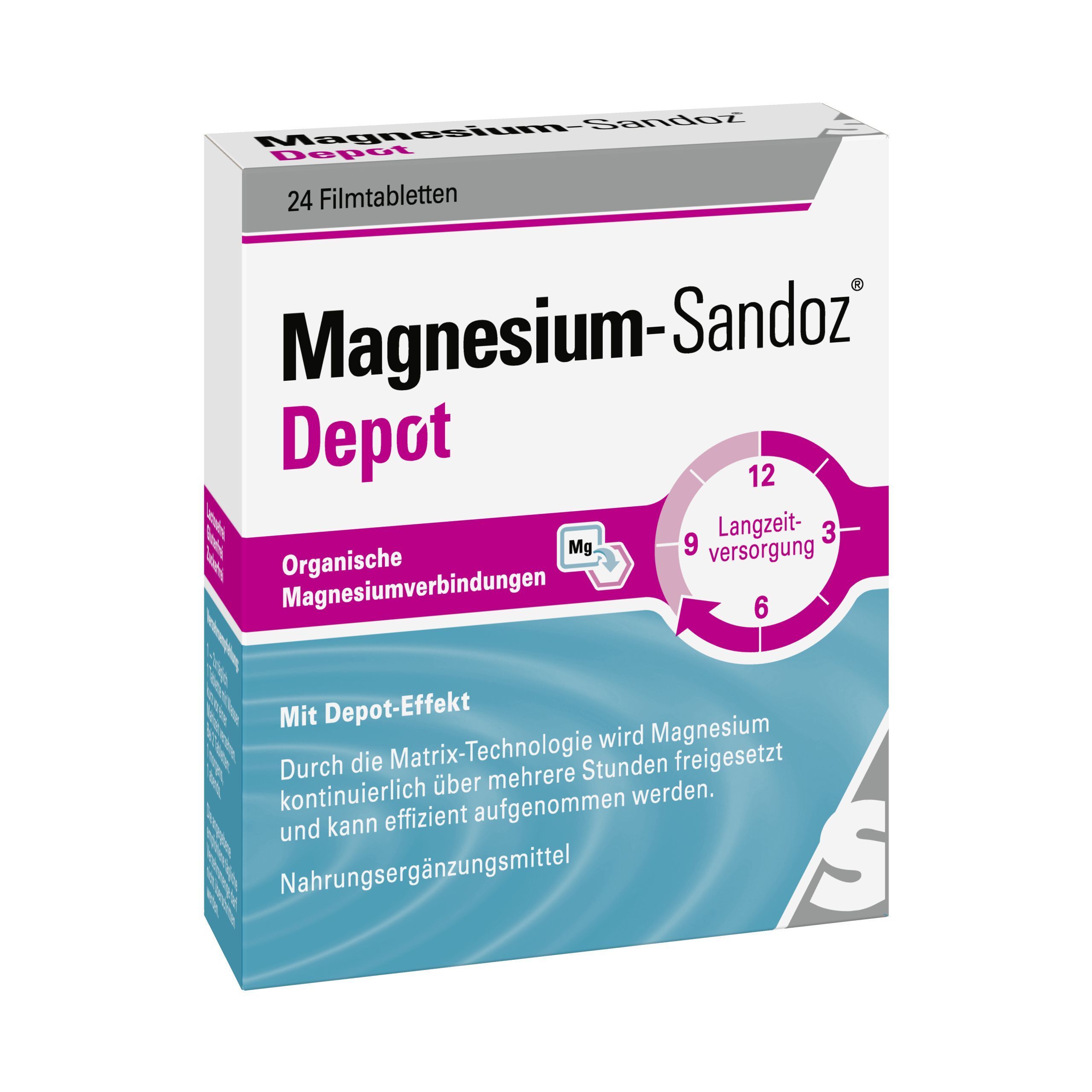 Schachtel mit Magnesium-Sandoz Depot. Aufschrift: 24 Filmtabletten, Organische Magnesiumverbindungen. Mit Depot-Effekt. Nahrungsergänzungsmittel.