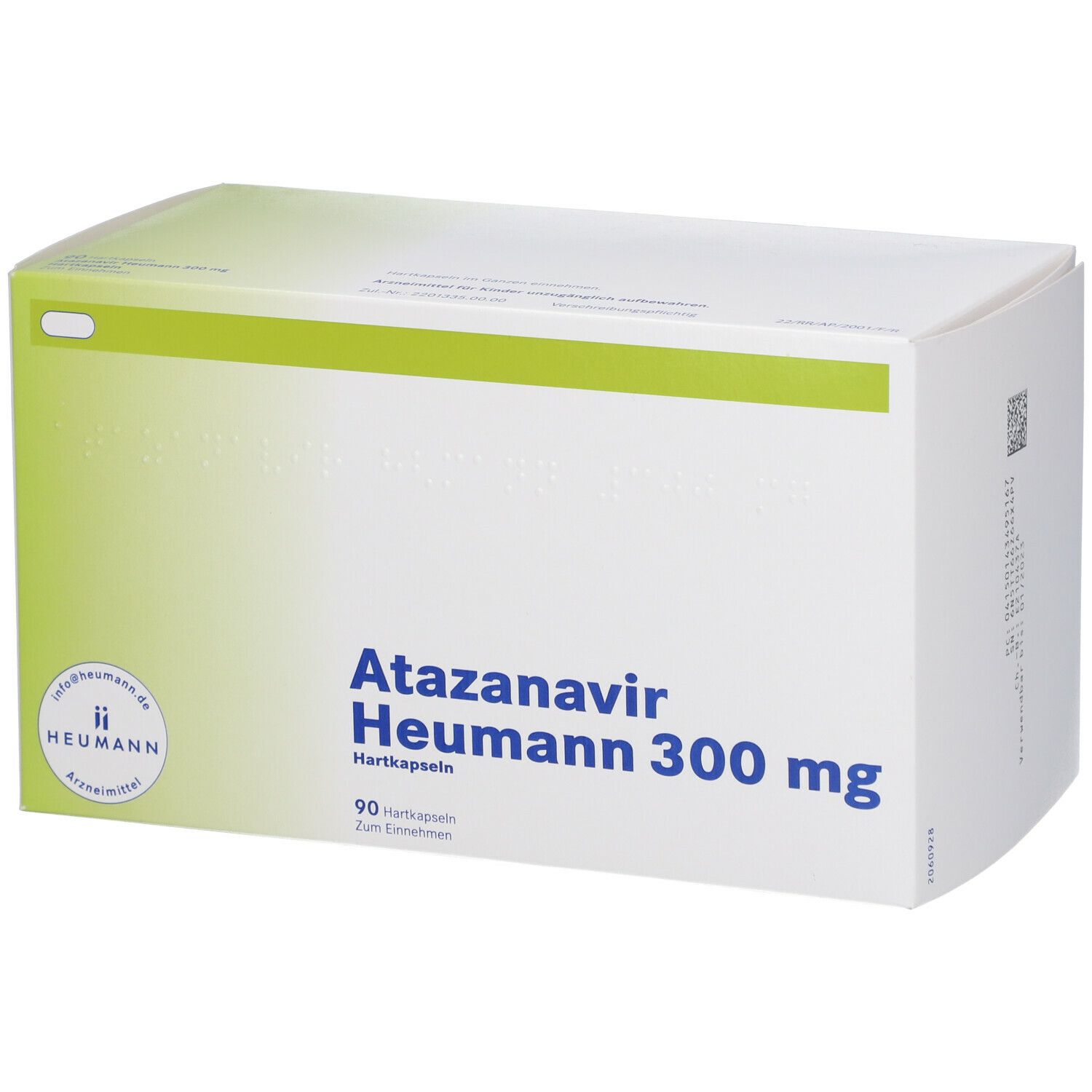 Schachtel mit Atazanavir Heumann 300 mg. Weiße Verpackung mit grünen Akzenten. Aufschrift: 90 Hartkapseln.