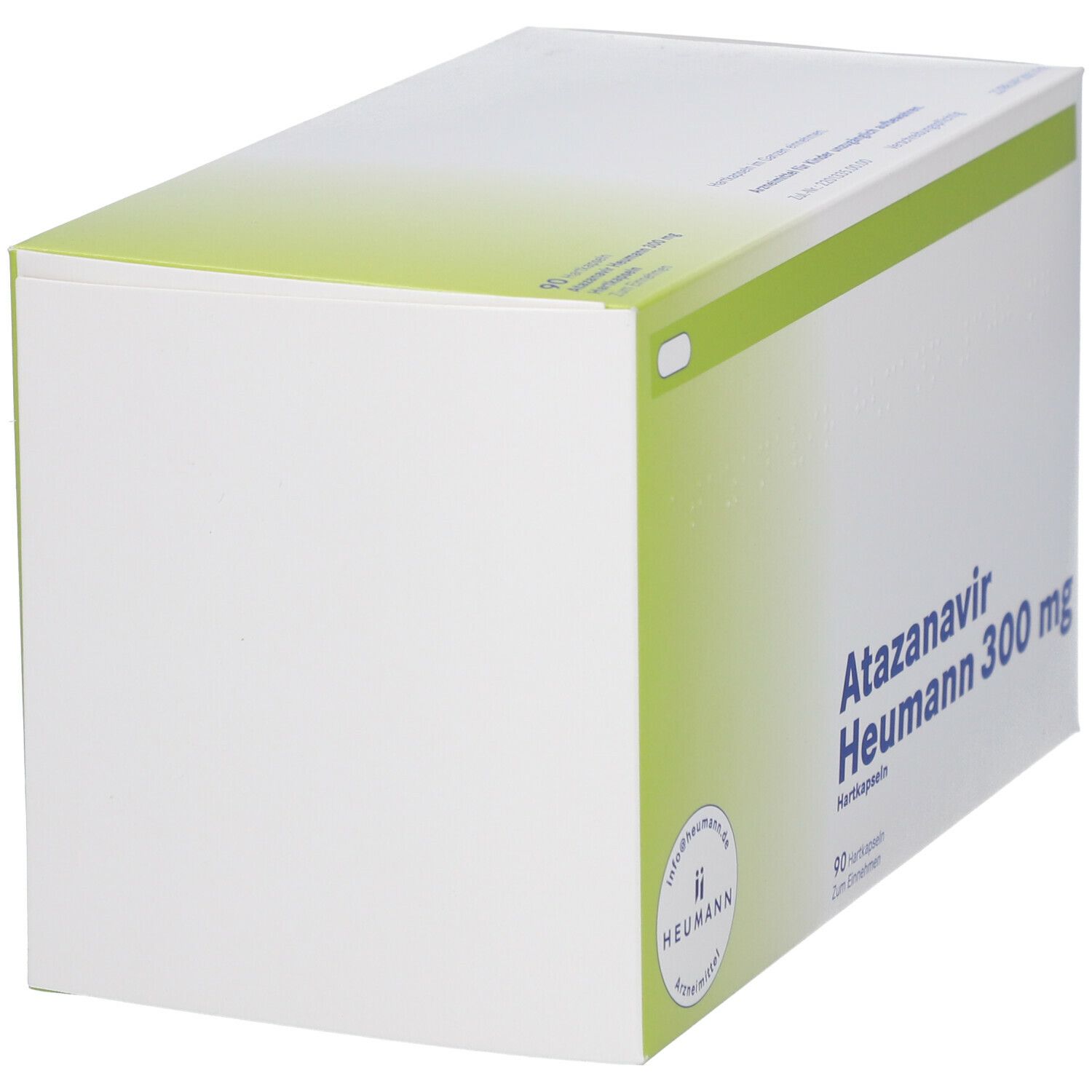 Schachtel mit Atazanavir Heumann 300 mg. Weiße Verpackung mit grünen Akzenten. Perspektivische Ansicht.