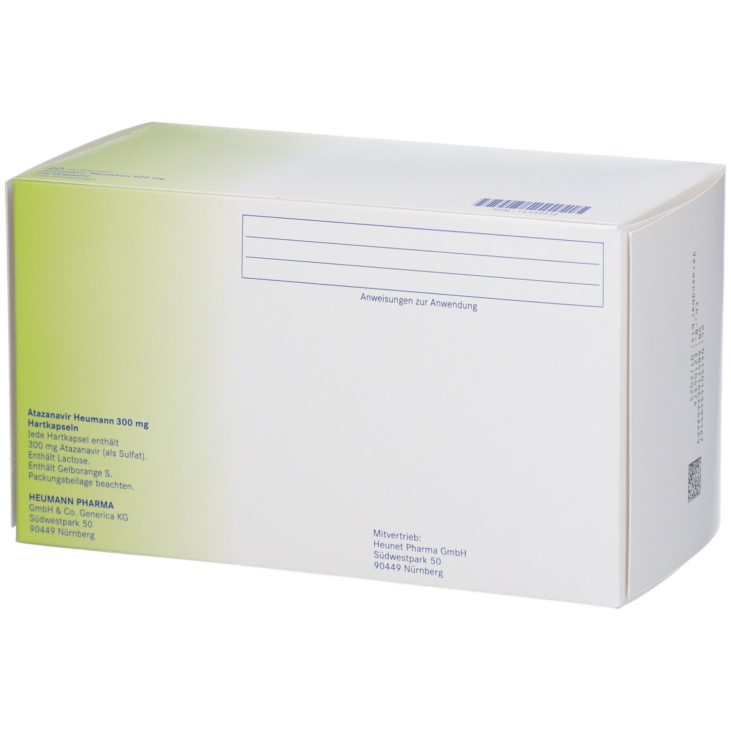 Rückseite der Schachtel mit Atazanavir Heumann 300 mg. Weiße Verpackung mit grünen Akzenten. Textinformationen.