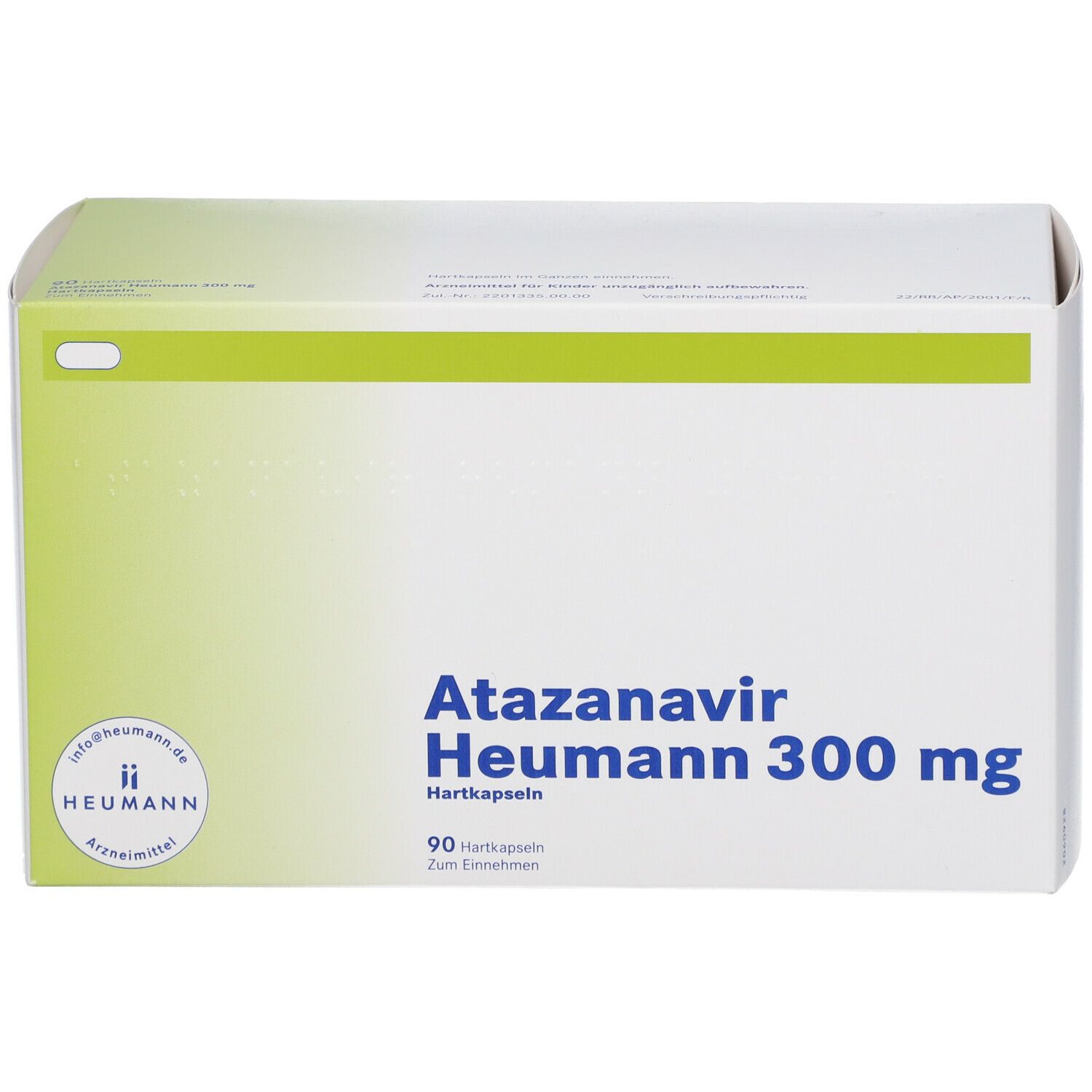 Schachtel mit Atazanavir Heumann 300 mg. Weiße Verpackung mit grünen Akzenten. Aufschrift: 90 Hartkapseln.