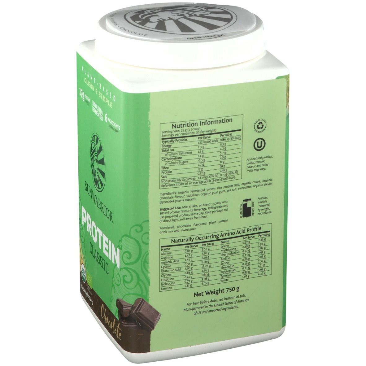 Rückseite des grünen Behälters SUNWARRIOR Protein Classic Schokolade. Nährwertangaben und Aminosäureprofil. Netto 750g.