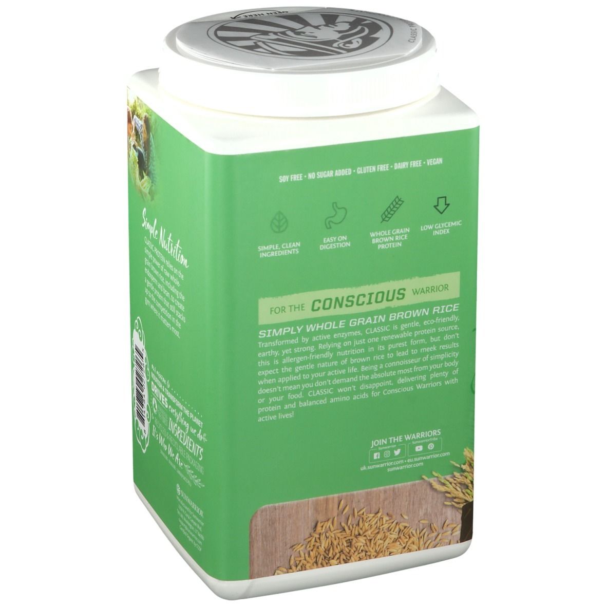 Rückseite des grünen Behälters SUNWARRIOR Protein Classic Schokolade. Informationen über Inhaltsstoffe und Vorteile. Logo.