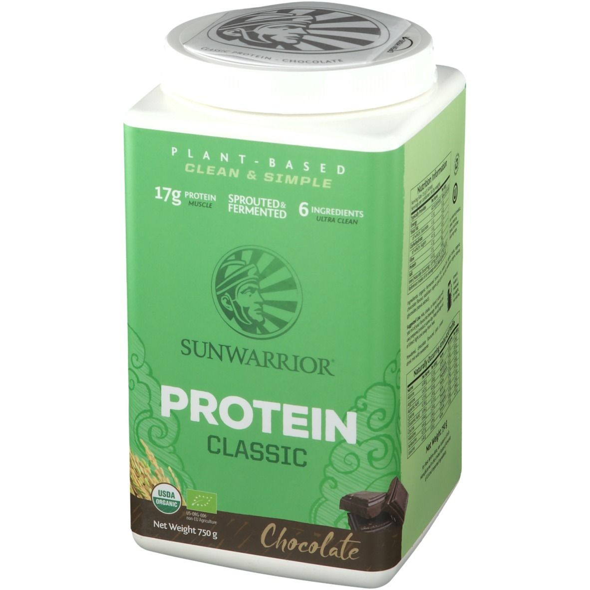 Grüner Behälter SUNWARRIOR Protein Classic Schokolade. 17g Protein, 6 Zutaten. USDA Organic Siegel. Netto 750g.