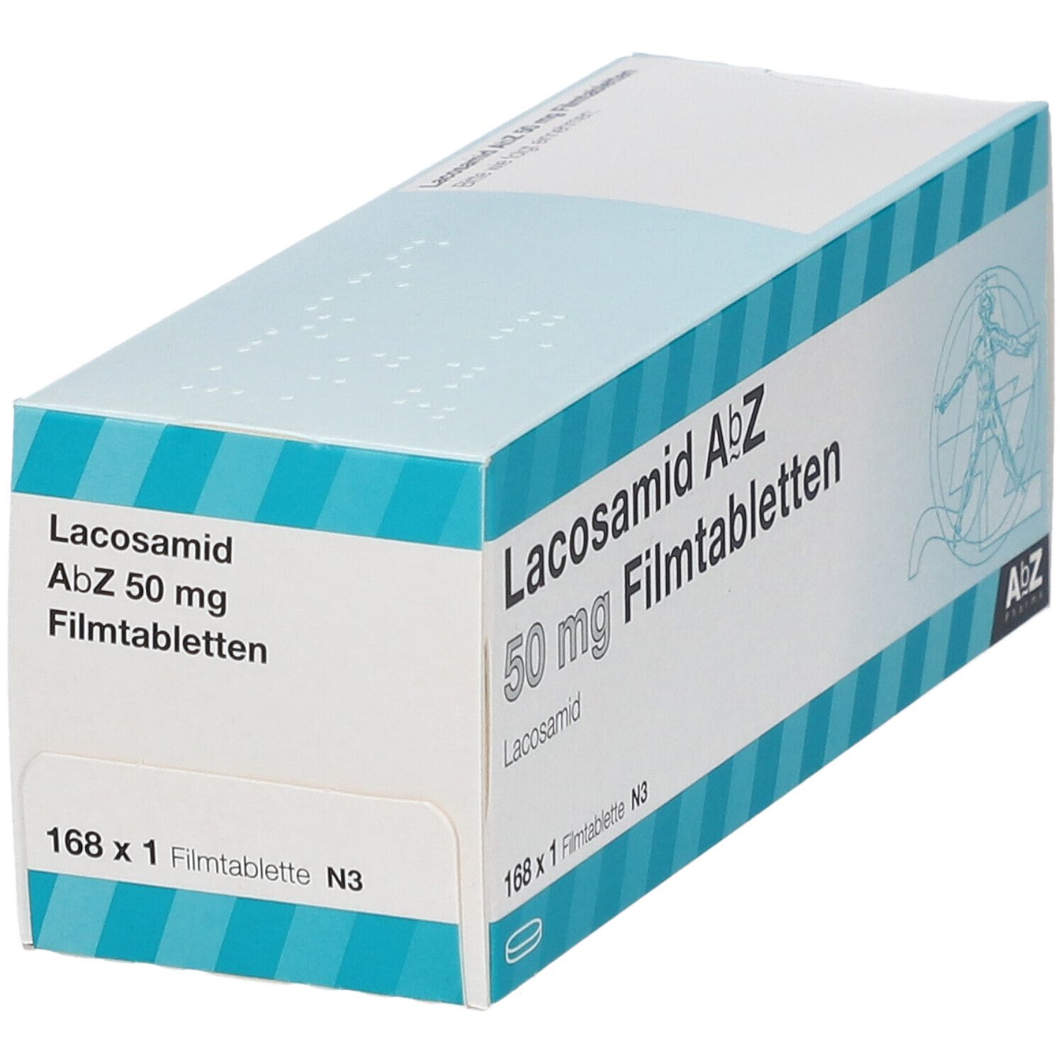Schräg gestellte Packung Lacosamid AbZ 50 mg Filmtabletten. Weiß und blau gestreift. Enthält 168 Tabletten. AbZ Pharma Logo.