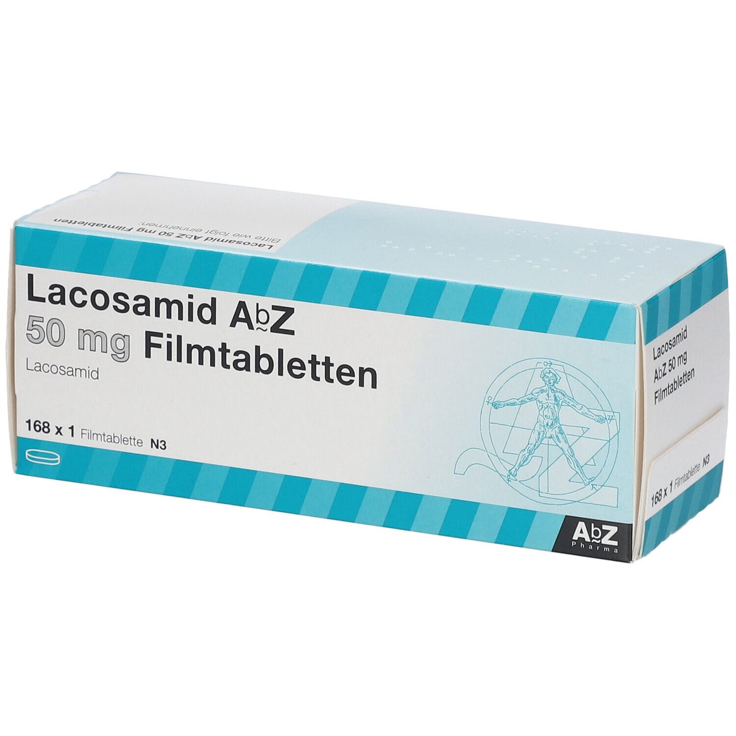 Packung Lacosamid AbZ 50 mg Filmtabletten. Weiß und blau gestreift. Enthält 168 Tabletten. AbZ Pharma Logo. Ansicht von oben.