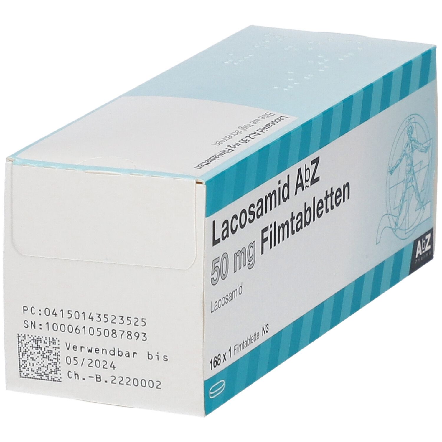 Packung Lacosamid AbZ 50 mg Filmtabletten. Rückseite mit Chargennummer und Verfallsdatum. AbZ Pharma Logo. 168 Tabletten.