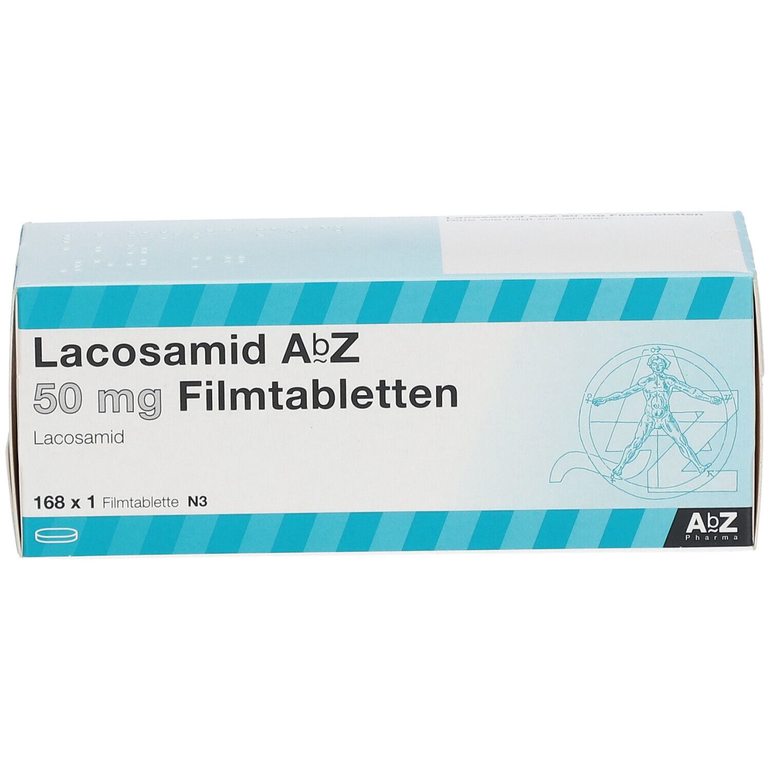 Packung Lacosamid AbZ 50 mg Filmtabletten. Weiß und blau gestreift. Enthält 168 Tabletten. AbZ Pharma Logo.