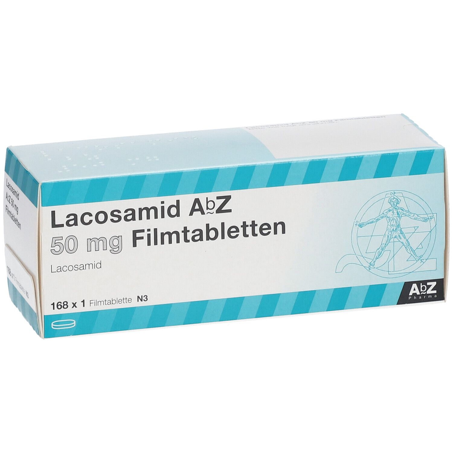 Packung Lacosamid AbZ 50 mg Filmtabletten. Weiß und blau gestreift. Enthält 168 Tabletten. AbZ Pharma Logo.