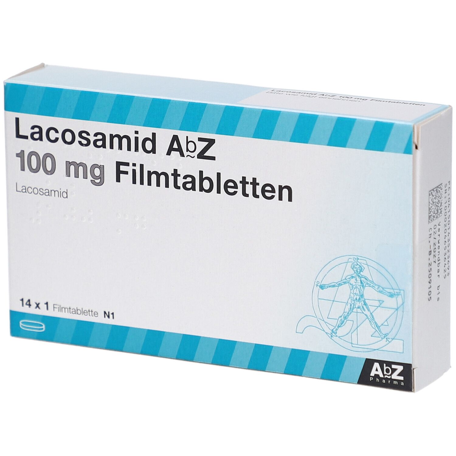 Schachtel mit LACOSAMID AbZ 100 mg Filmtabletten. Aufschrift: 14 x 1 Filmtablette N1. AbZ Pharma Logo.