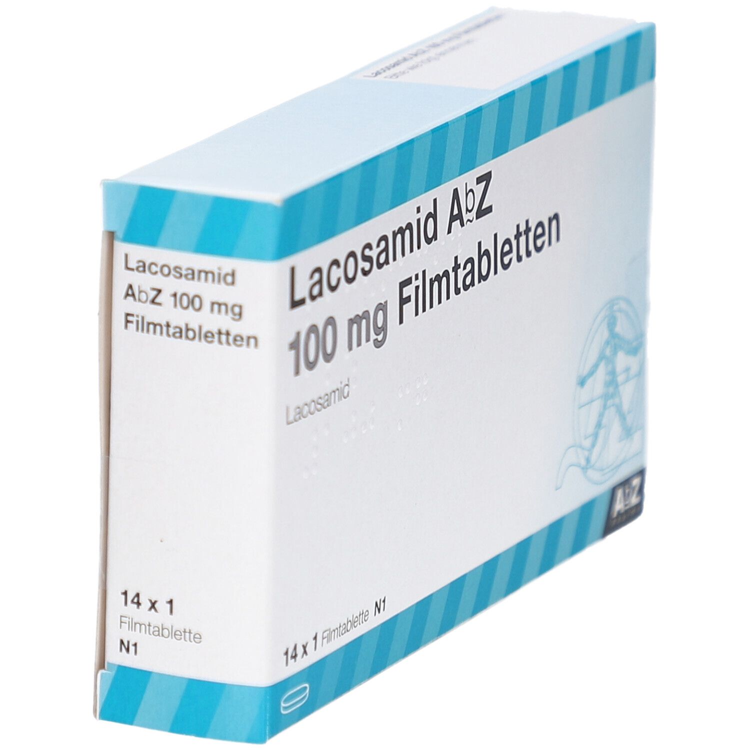 Schachtel mit LACOSAMID AbZ 100 mg Filmtabletten. Aufschrift: 14 x 1 Filmtablette N1. AbZ Pharma Logo. Seitenansicht.