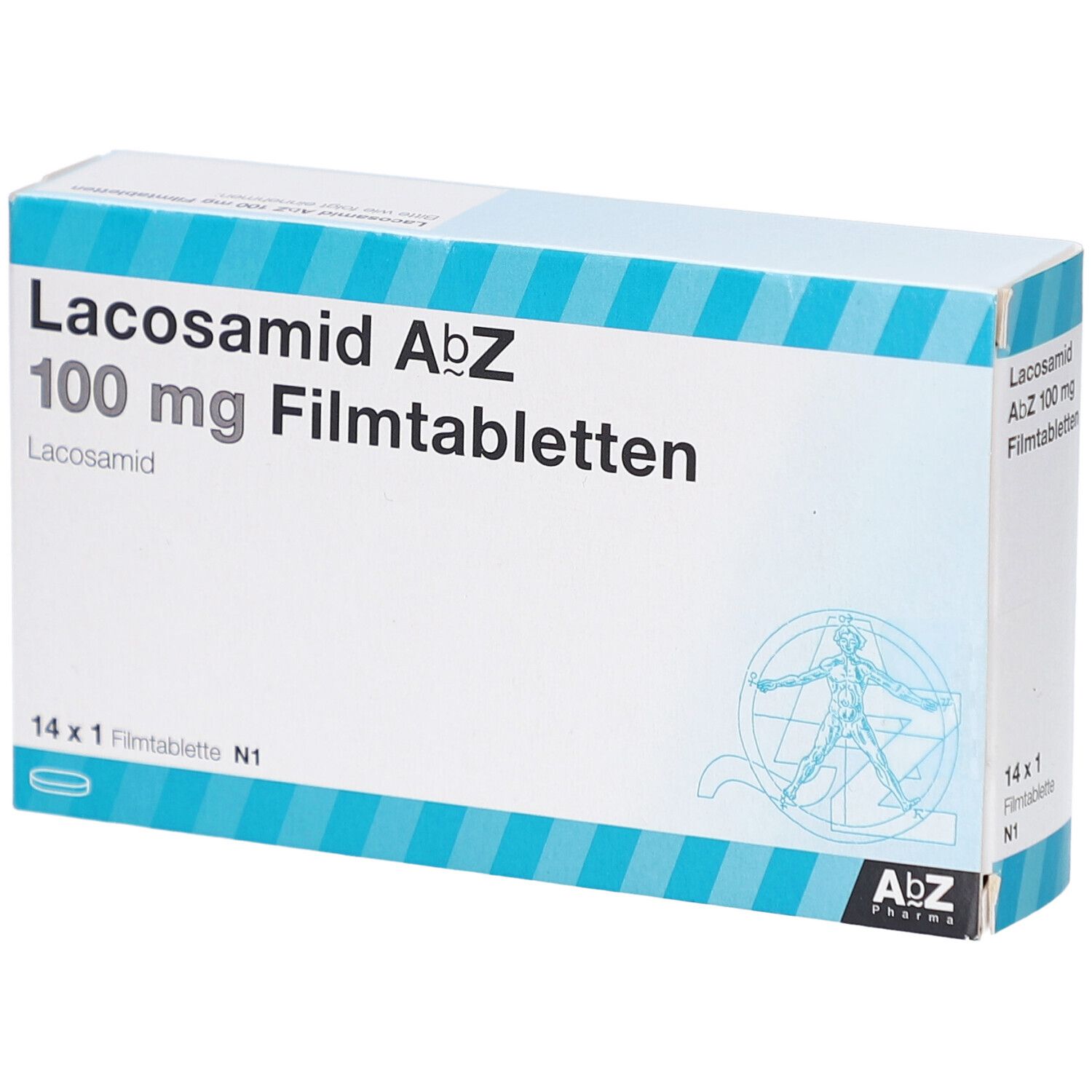Schachtel mit LACOSAMID AbZ 100 mg Filmtabletten. Aufschrift: 14 x 1 Filmtablette N1. AbZ Pharma Logo.