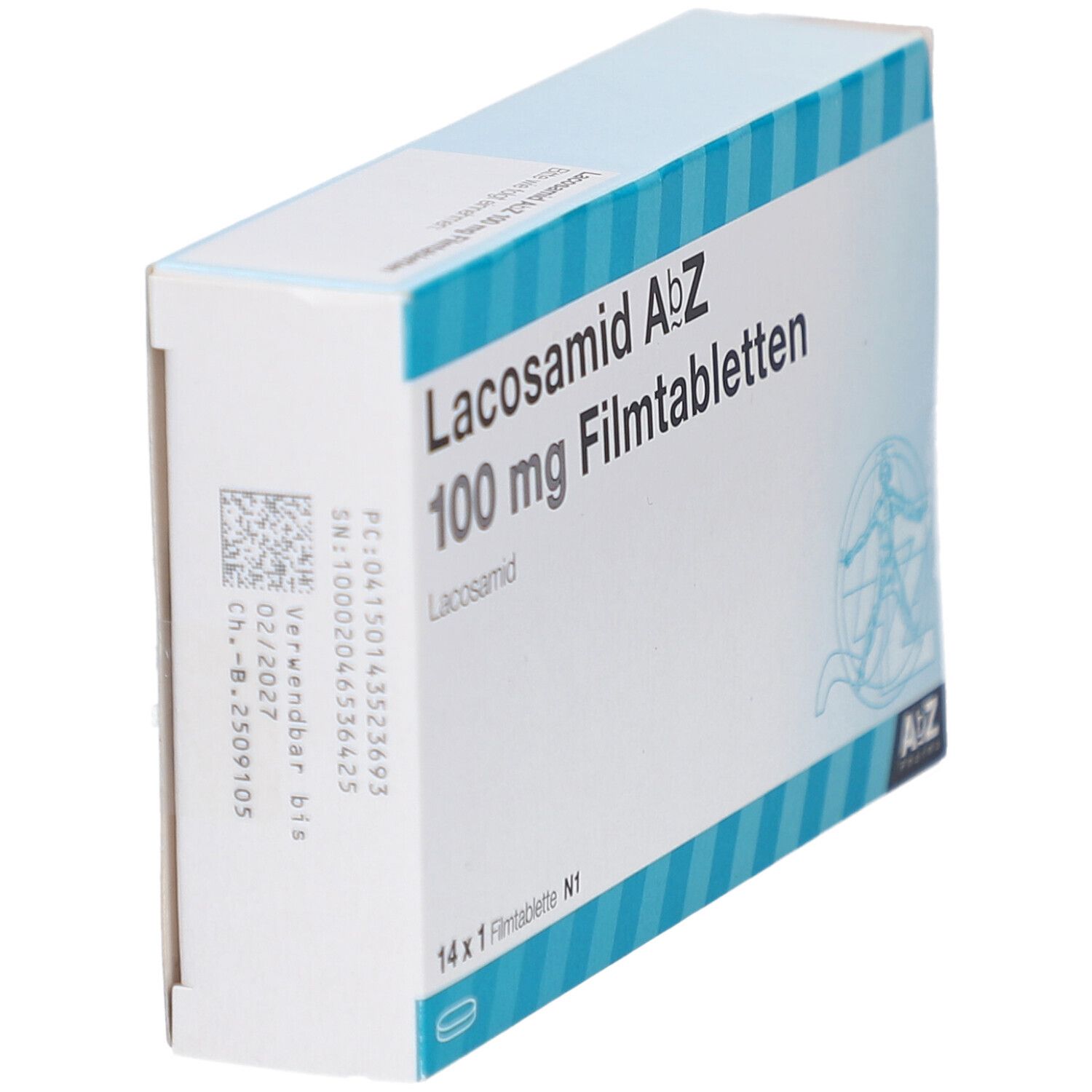 Schachtel mit LACOSAMID AbZ 100 mg Filmtabletten. Aufschrift: 14 x 1 Filmtablette N1. AbZ Pharma Logo. Rückseite mit Codes.