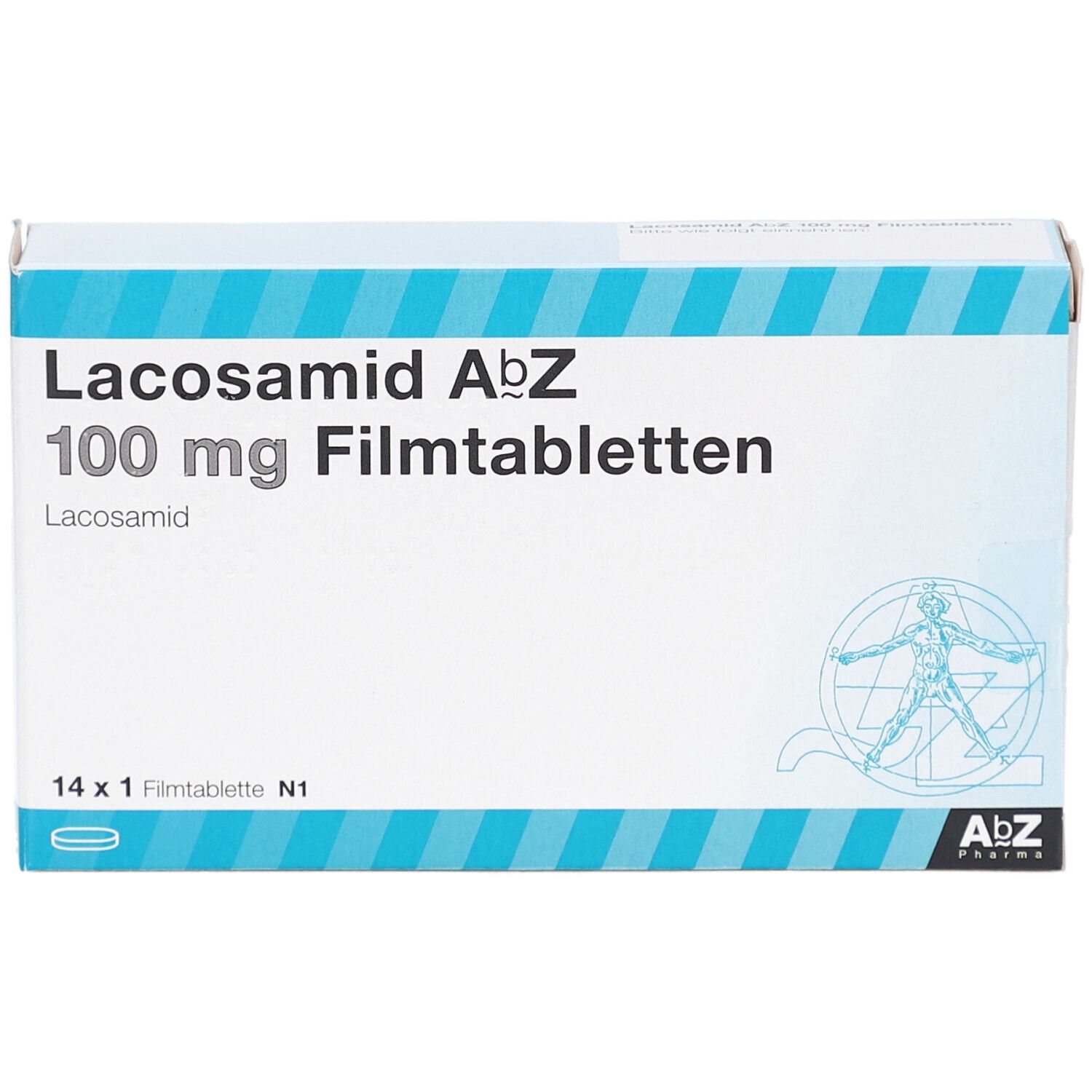Schachtel mit LACOSAMID AbZ 100 mg Filmtabletten. Aufschrift: 14 x 1 Filmtablette N1. AbZ Pharma Logo.