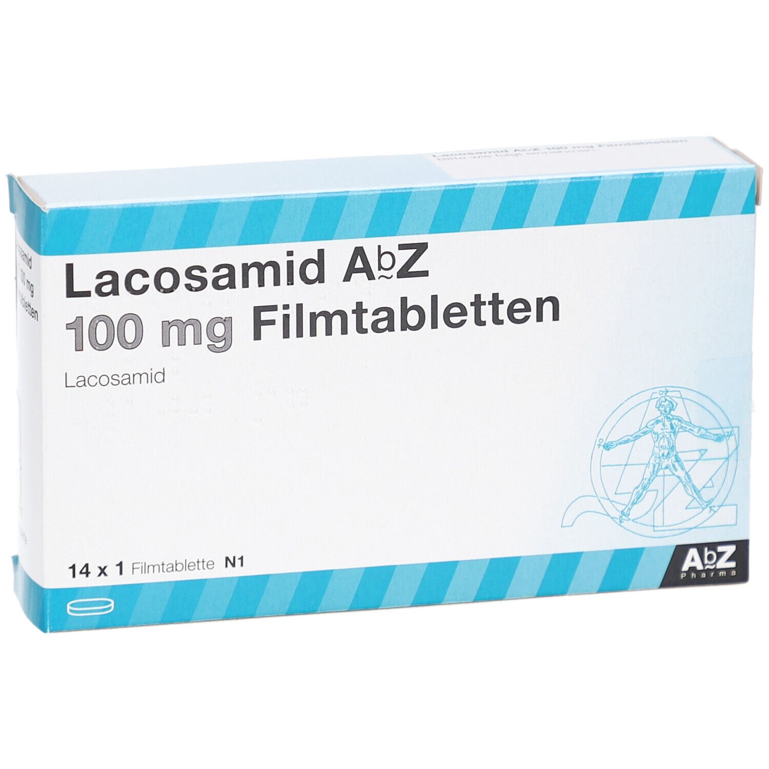 Schachtel mit LACOSAMID AbZ 100 mg Filmtabletten. Aufschrift: 14 x 1 Filmtablette N1. AbZ Pharma Logo.