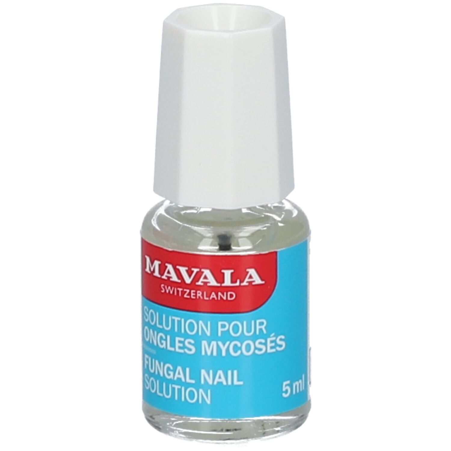 Kleine Glasflasche mit weißem Verschluss. Beschriftung: MAVALA, Fungal Nail Solution. Mit 5 ml Angabe.