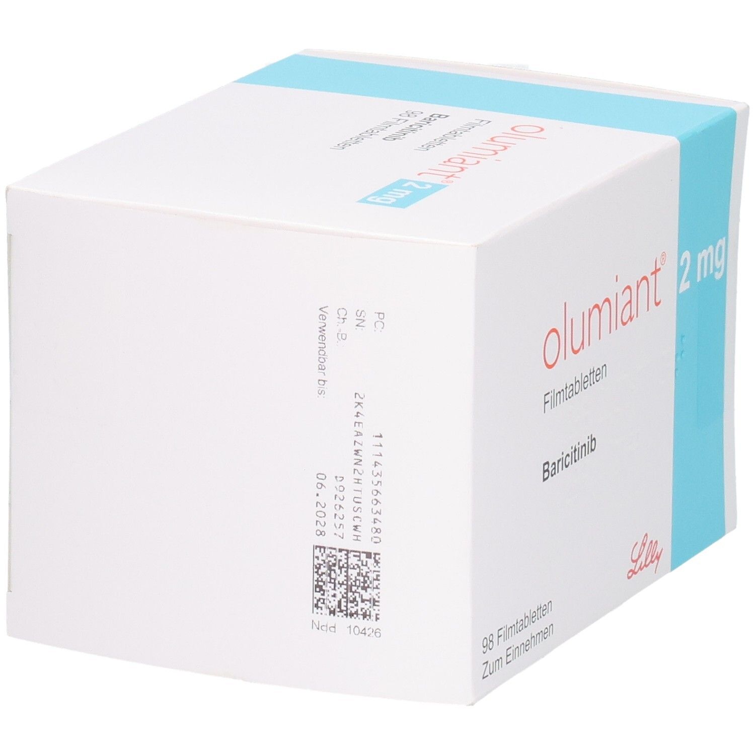 OLUMIANT 2 mg Filmtabletten Verpackung mit Baricitinib und Lilly Logo.