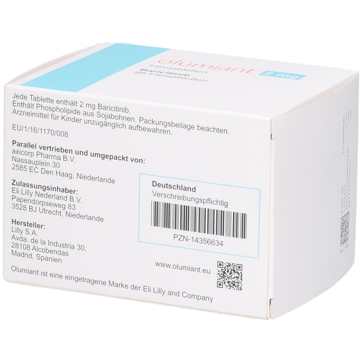 Rückseite der OLUMIANT 2 mg Filmtabletten Verpackung mit Zulassungsinformationen.
