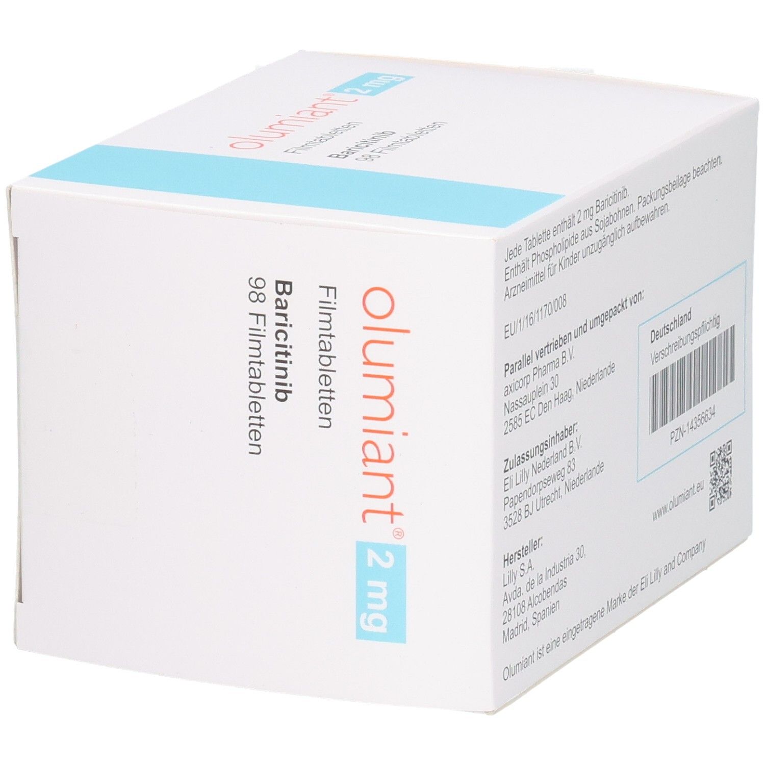 Seitenansicht der OLUMIANT 2 mg Filmtabletten Verpackung mit Baricitinib.