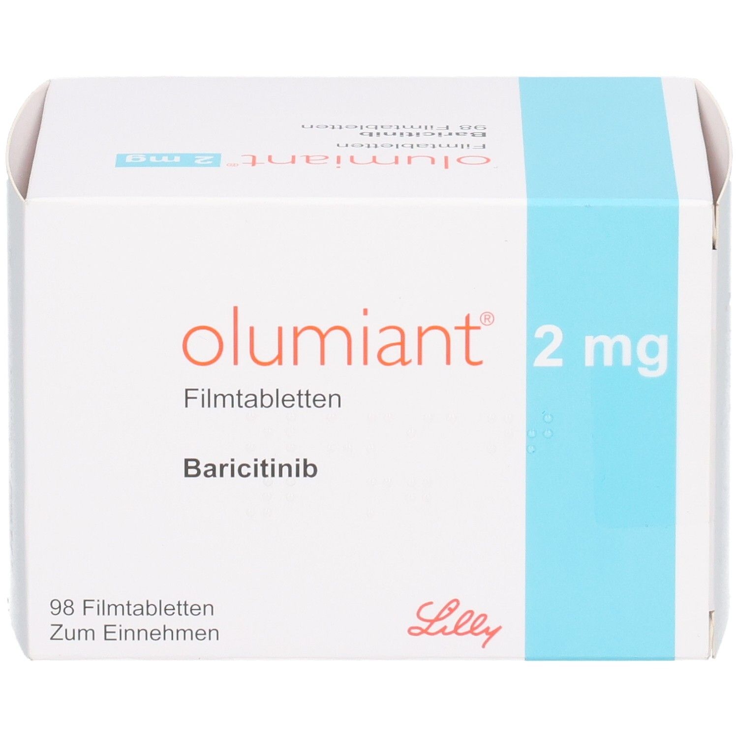 Vorderseite der OLUMIANT 2 mg Filmtabletten Verpackung, 98 Tabletten.