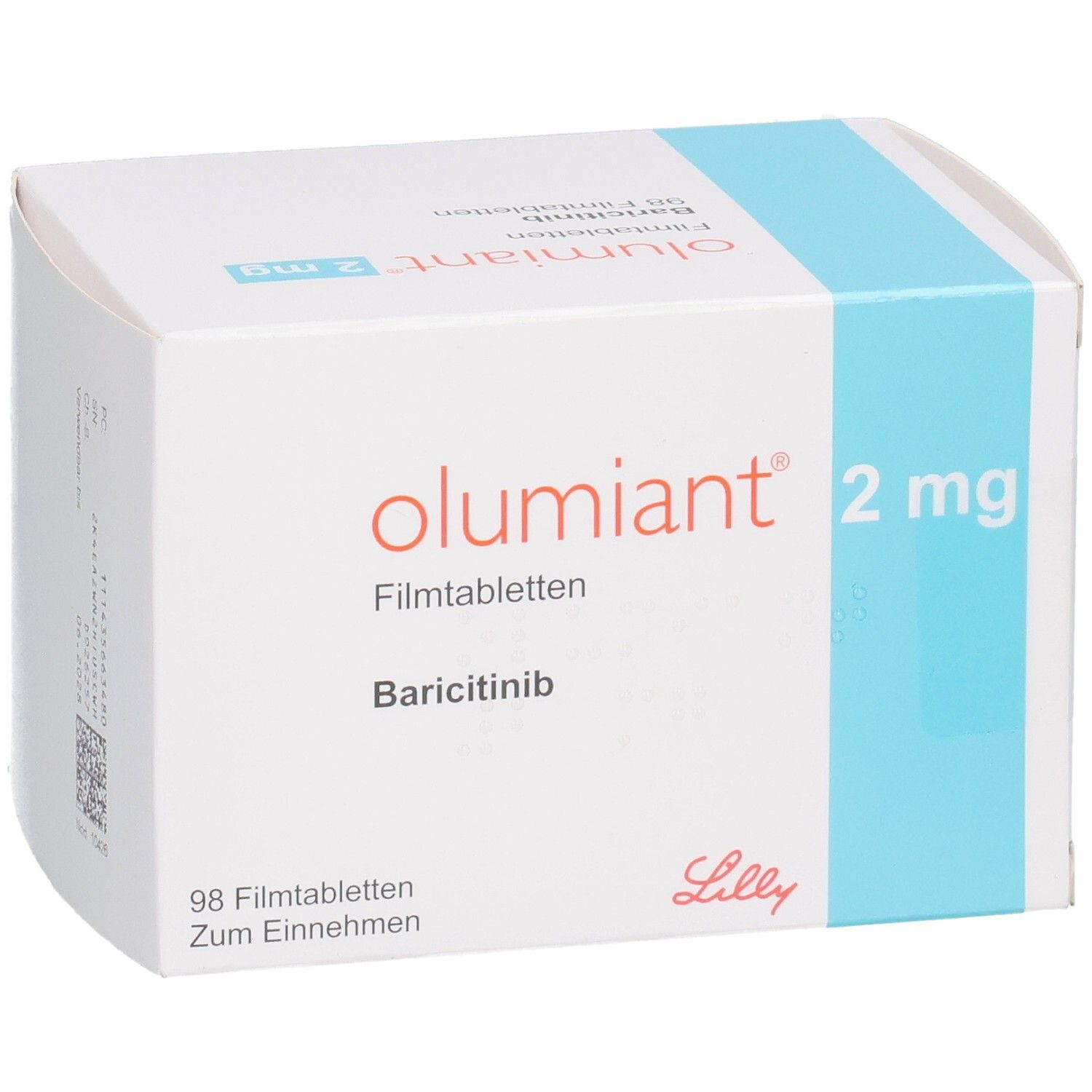 OLUMIANT 2 mg Filmtabletten Verpackung mit Lilly Logo und Baricitinib.