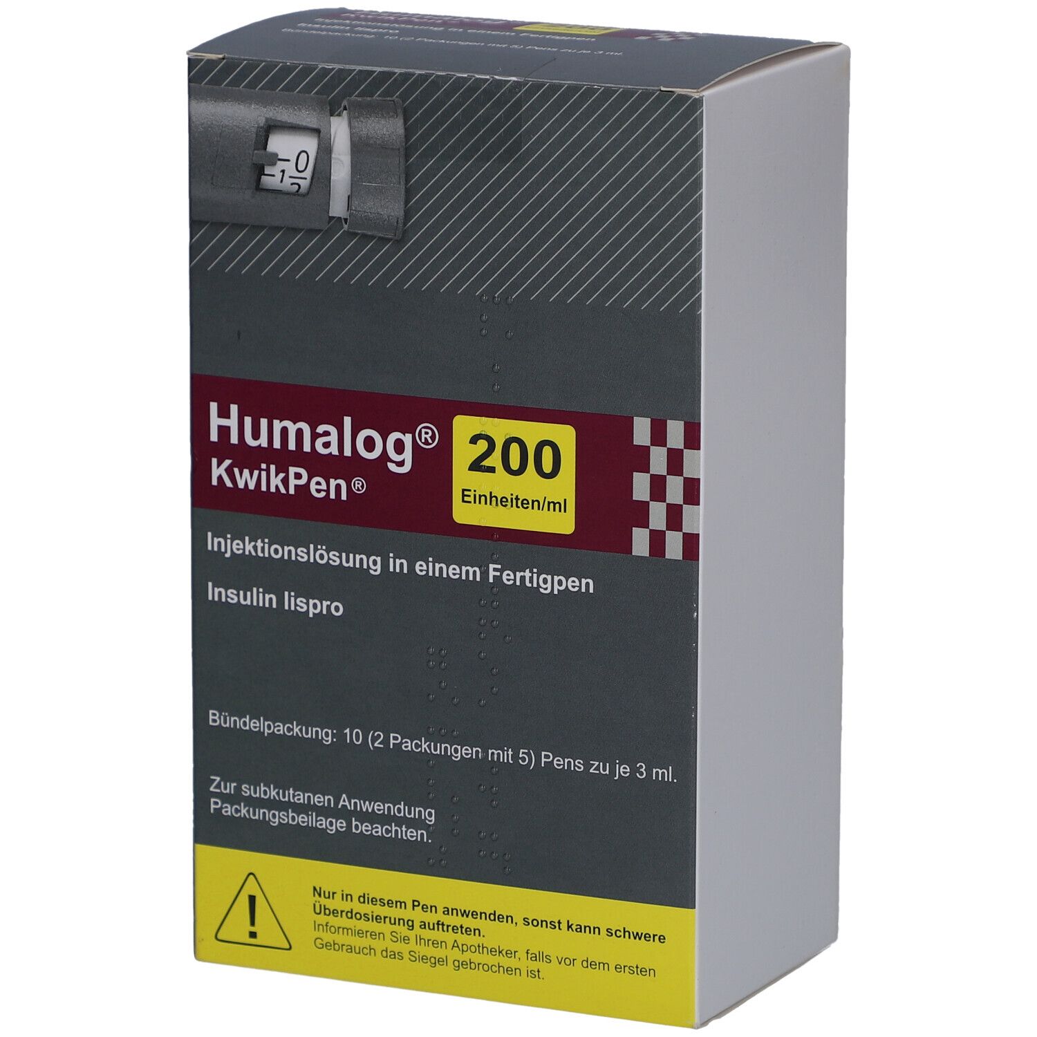 Humalog KwikPen 200 Einheiten/ml Injektionslösung in Fertigpen. Packung mit 10 Pens. Gelbe Warnhinweise.