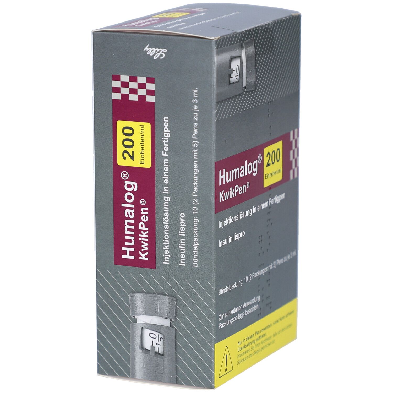 Humalog KwikPen 200 Einheiten/ml Injektionslösung in Fertigpen. Packung mit 10 Pens. Ansicht von links.