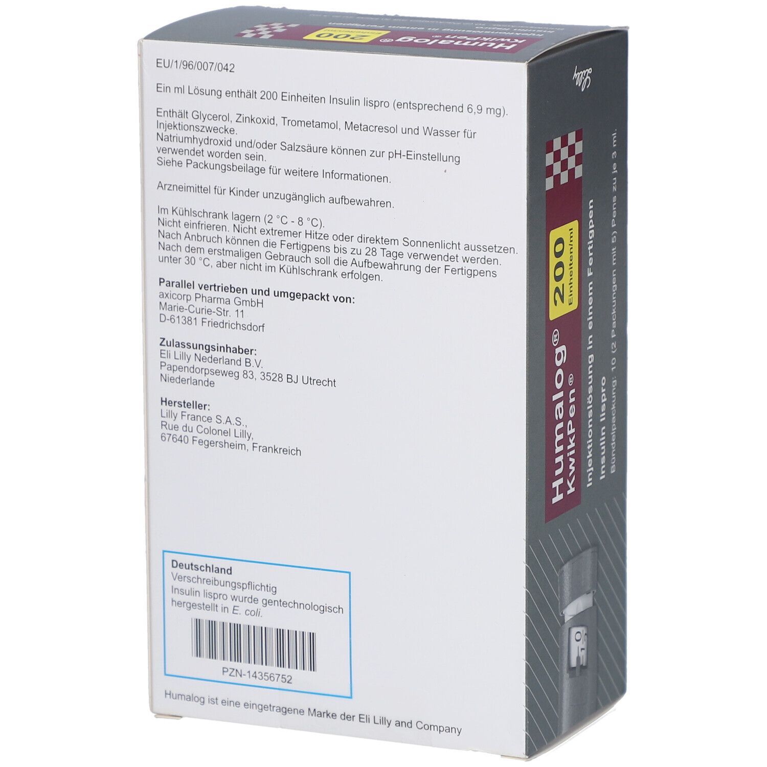 Rückseite der Humalog KwikPen Packung. Textinformationen, Chargennummer, Herstellerangaben und Warnhinweise.
